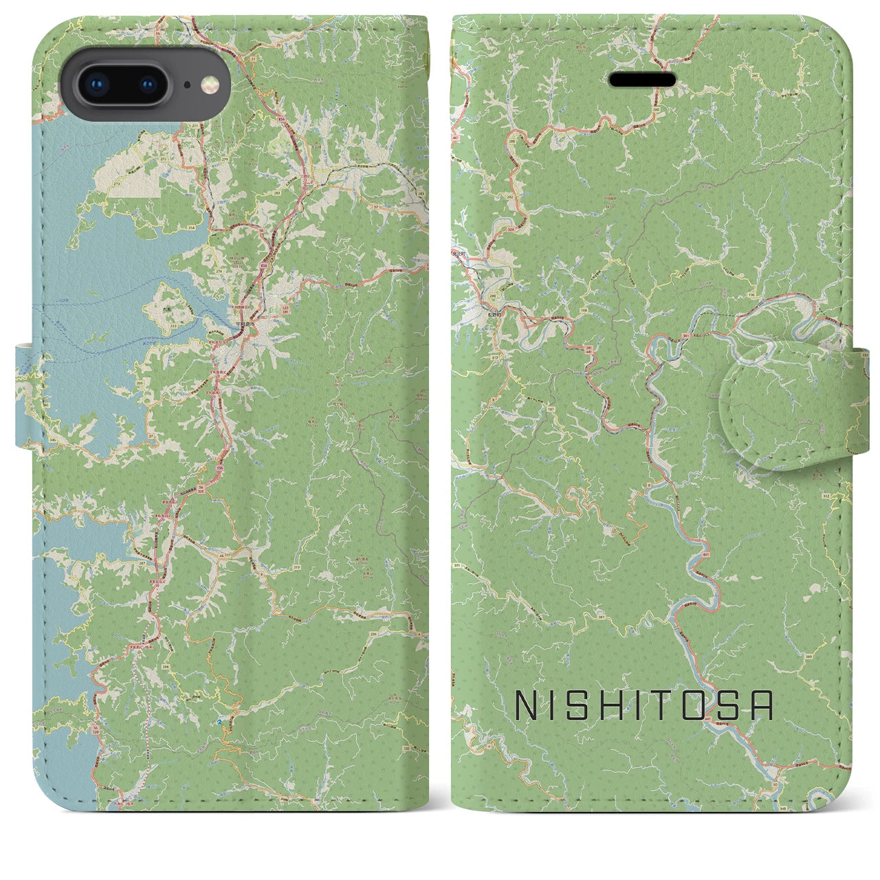 【西土佐(高知県)】地図柄iPhoneケース(手帳タイプ)ナチュラル・iPhone 8Plus /7Plus / 6sPlus / 6Plus 用