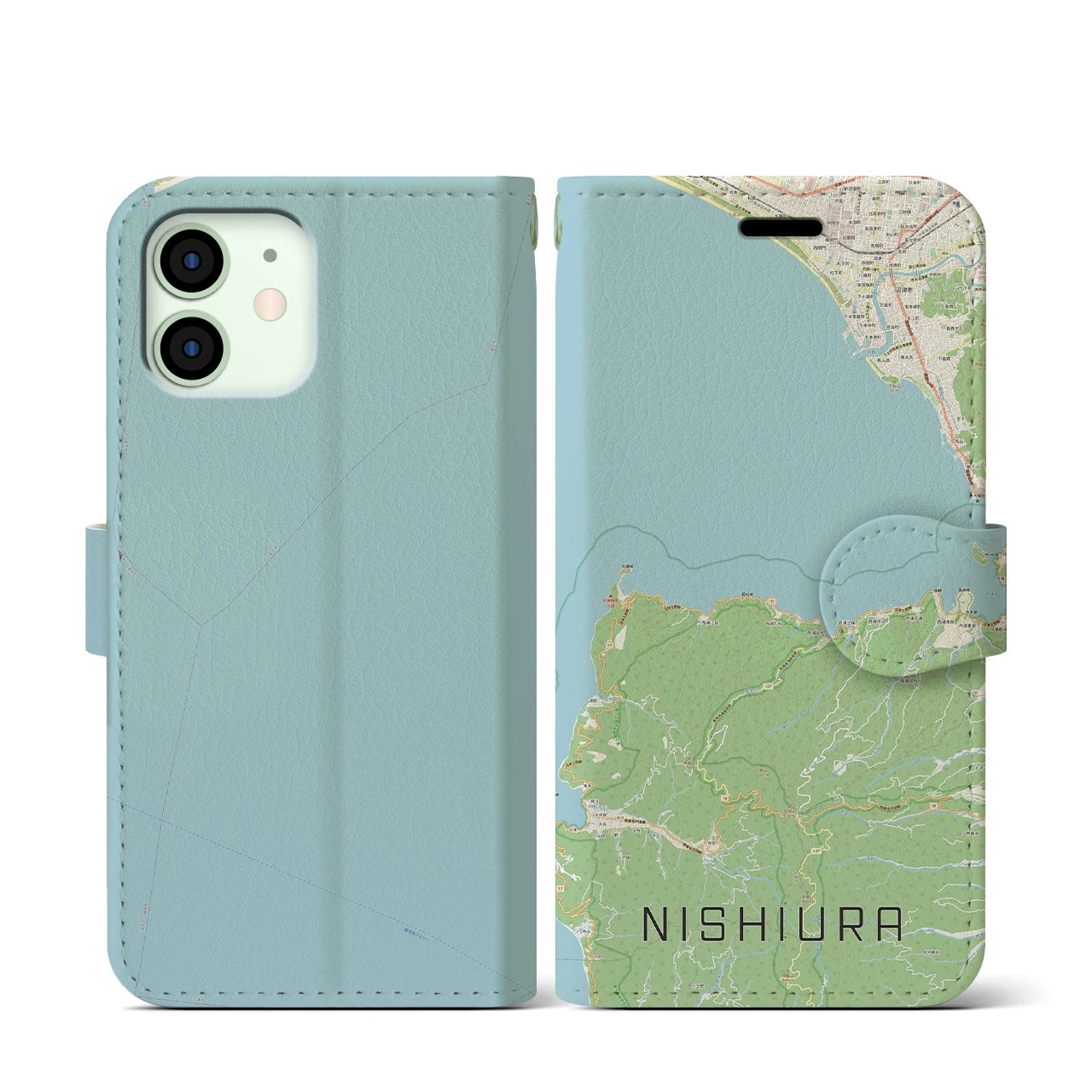 【西浦(静岡県)】地図柄iPhoneケース(手帳タイプ)ナチュラル・iPhone 12 mini 用