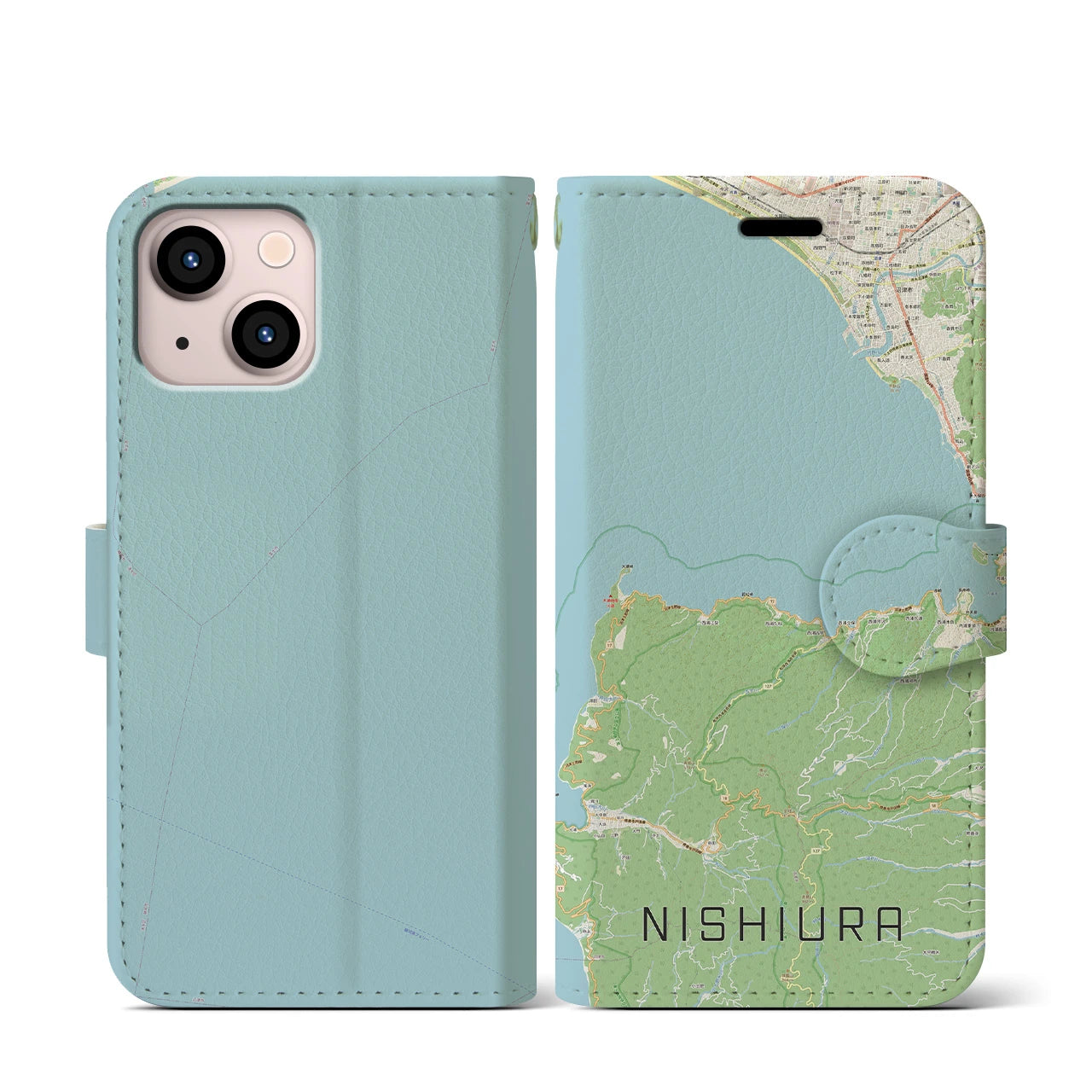 【西浦(静岡県)】地図柄iPhoneケース(手帳タイプ)ナチュラル・iPhone 13 mini 用