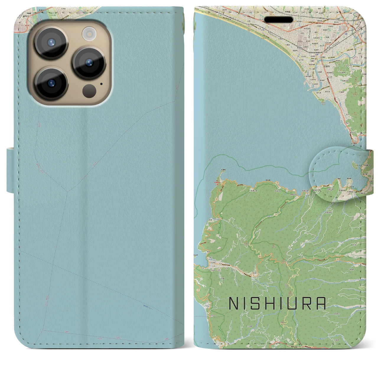 【西浦(静岡県)】地図柄iPhoneケース(手帳タイプ)ナチュラル・iPhone 14 Pro Max 用