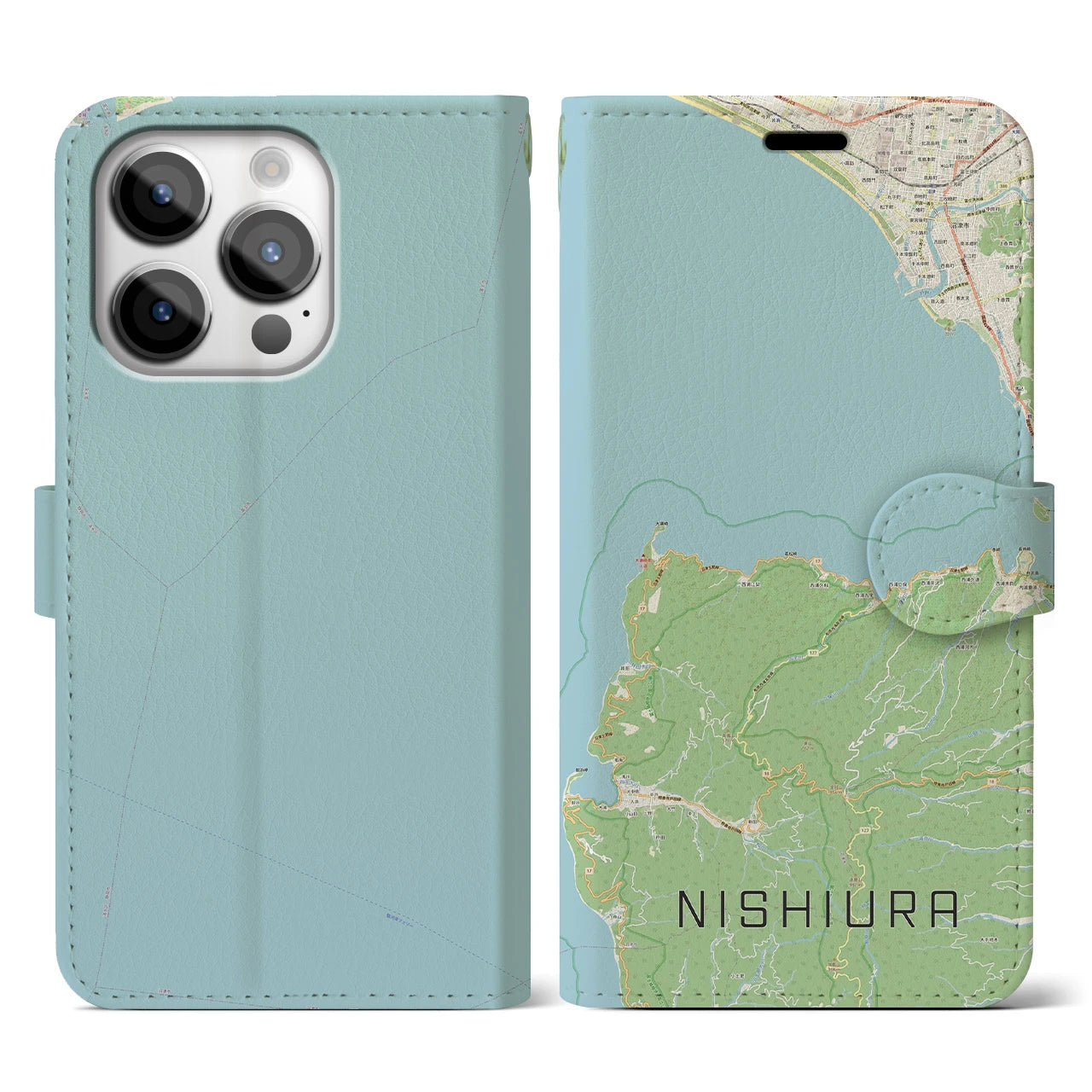 【西浦(静岡県)】地図柄iPhoneケース(手帳タイプ)ナチュラル・iPhone 14 Pro 用