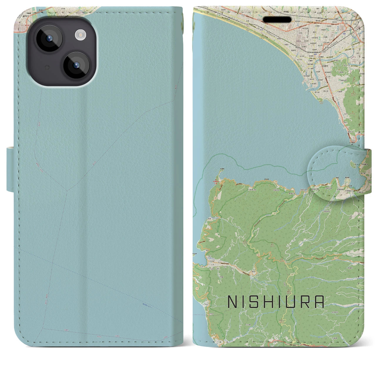 【西浦(静岡県)】地図柄iPhoneケース(手帳タイプ)ナチュラル・iPhone 14 Plus 用