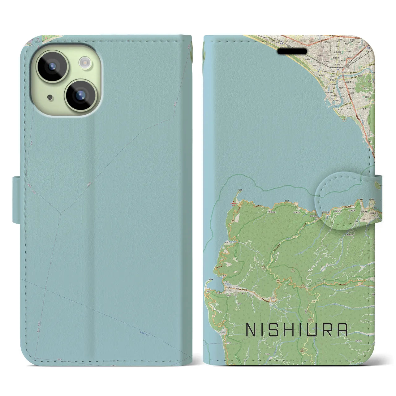 【西浦(静岡県)】地図柄iPhoneケース(手帳タイプ)ナチュラル・iPhone 15 用