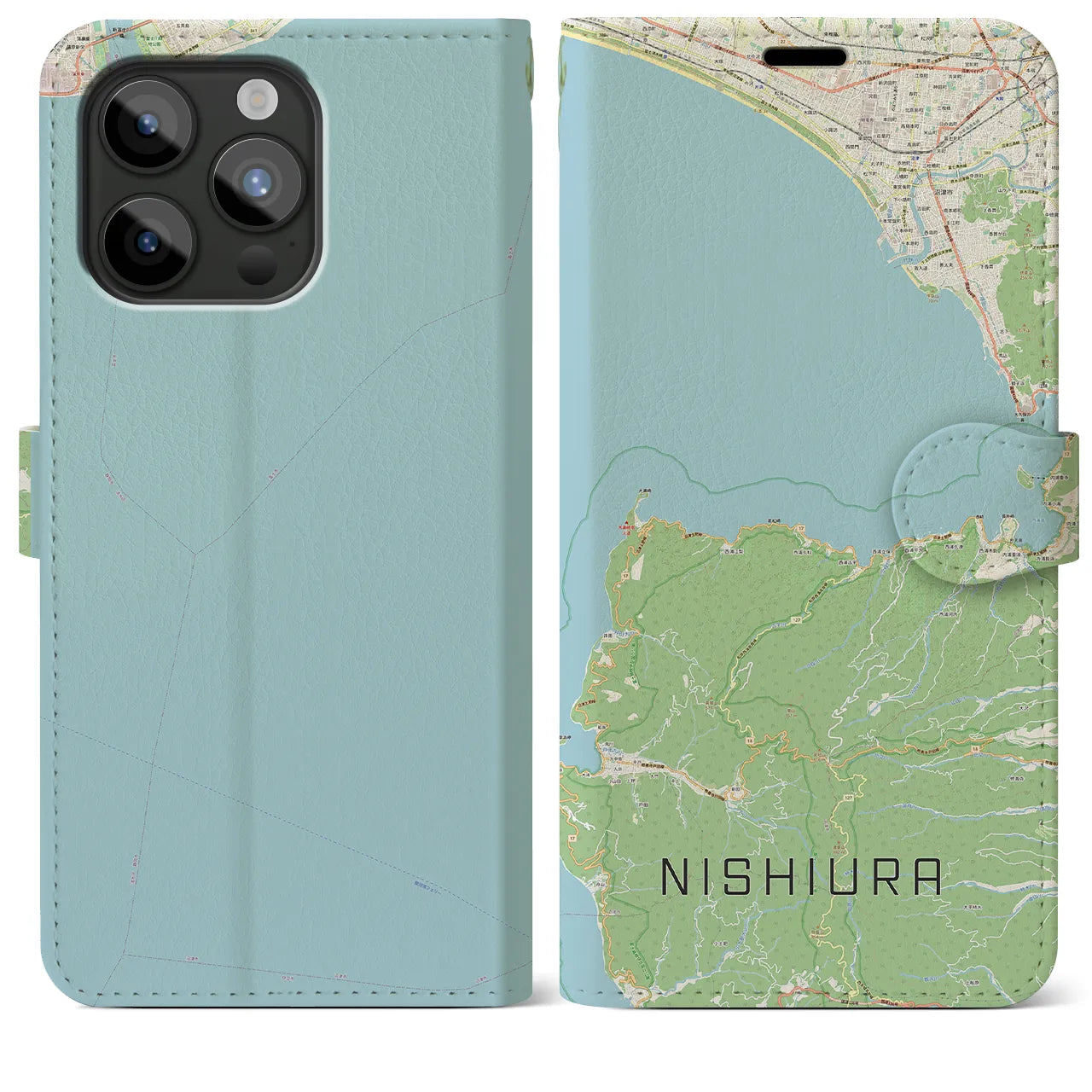 【西浦(静岡県)】地図柄iPhoneケース(手帳タイプ)ナチュラル・iPhone 15 Pro Max 用