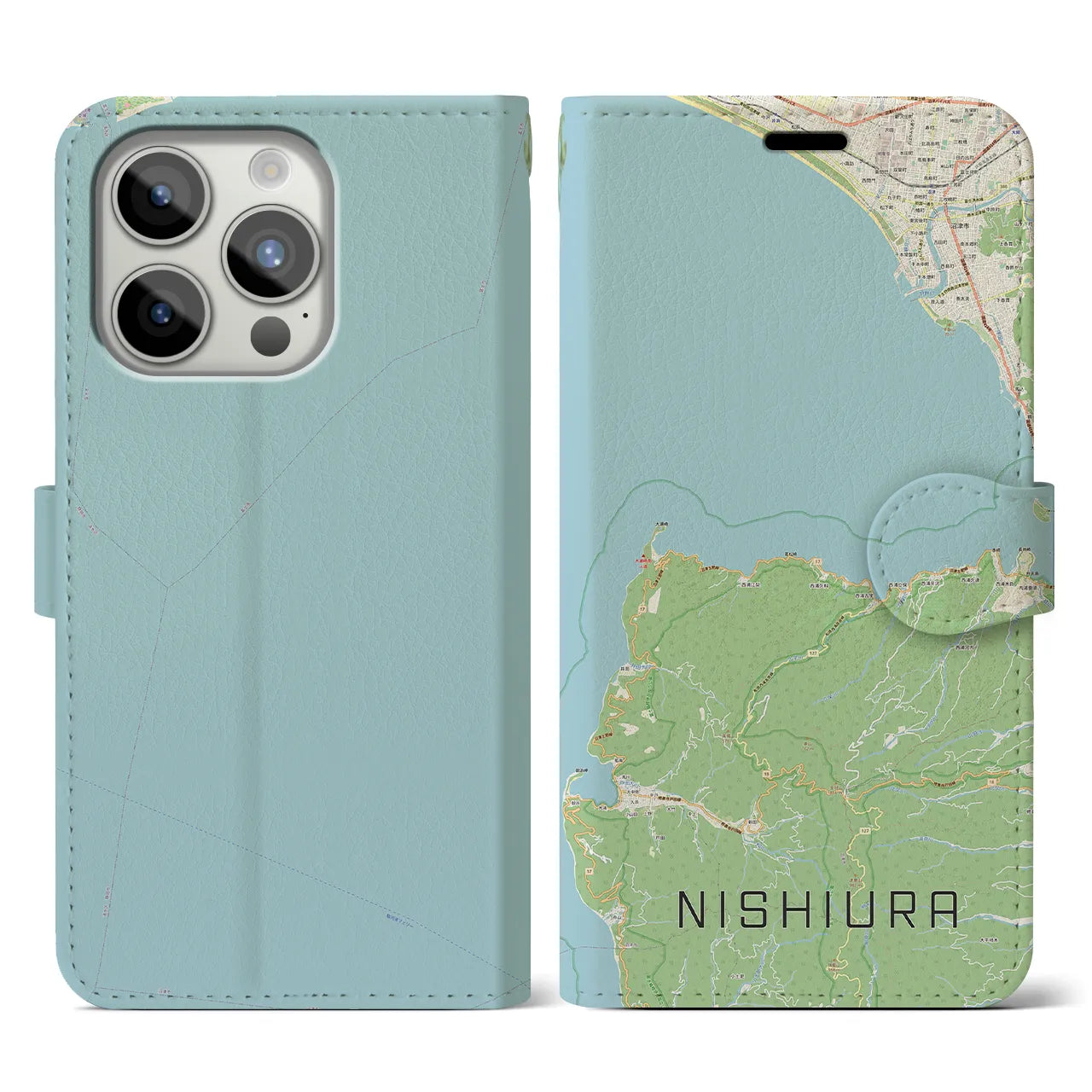 【西浦(静岡県)】地図柄iPhoneケース(手帳タイプ)ナチュラル・iPhone 15 Pro 用