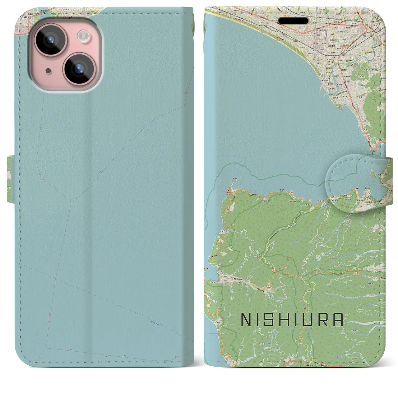 【西浦(静岡県)】地図柄iPhoneケース(手帳タイプ)ナチュラル・iPhone 15 Plus 用