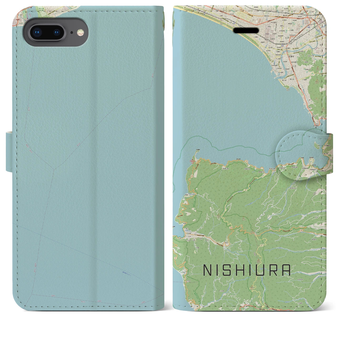 【西浦(静岡県)】地図柄iPhoneケース(手帳タイプ)ナチュラル・iPhone 8Plus /7Plus / 6sPlus / 6Plus 用