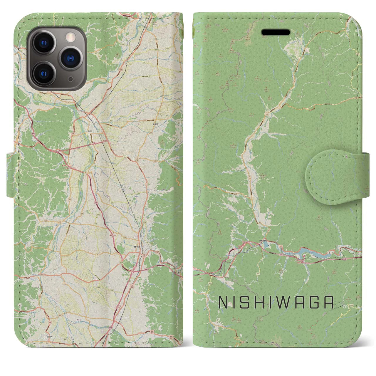 【西和賀(岩手県)】地図柄iPhoneケース(手帳タイプ)ナチュラル・iPhone 11 Pro Max 用