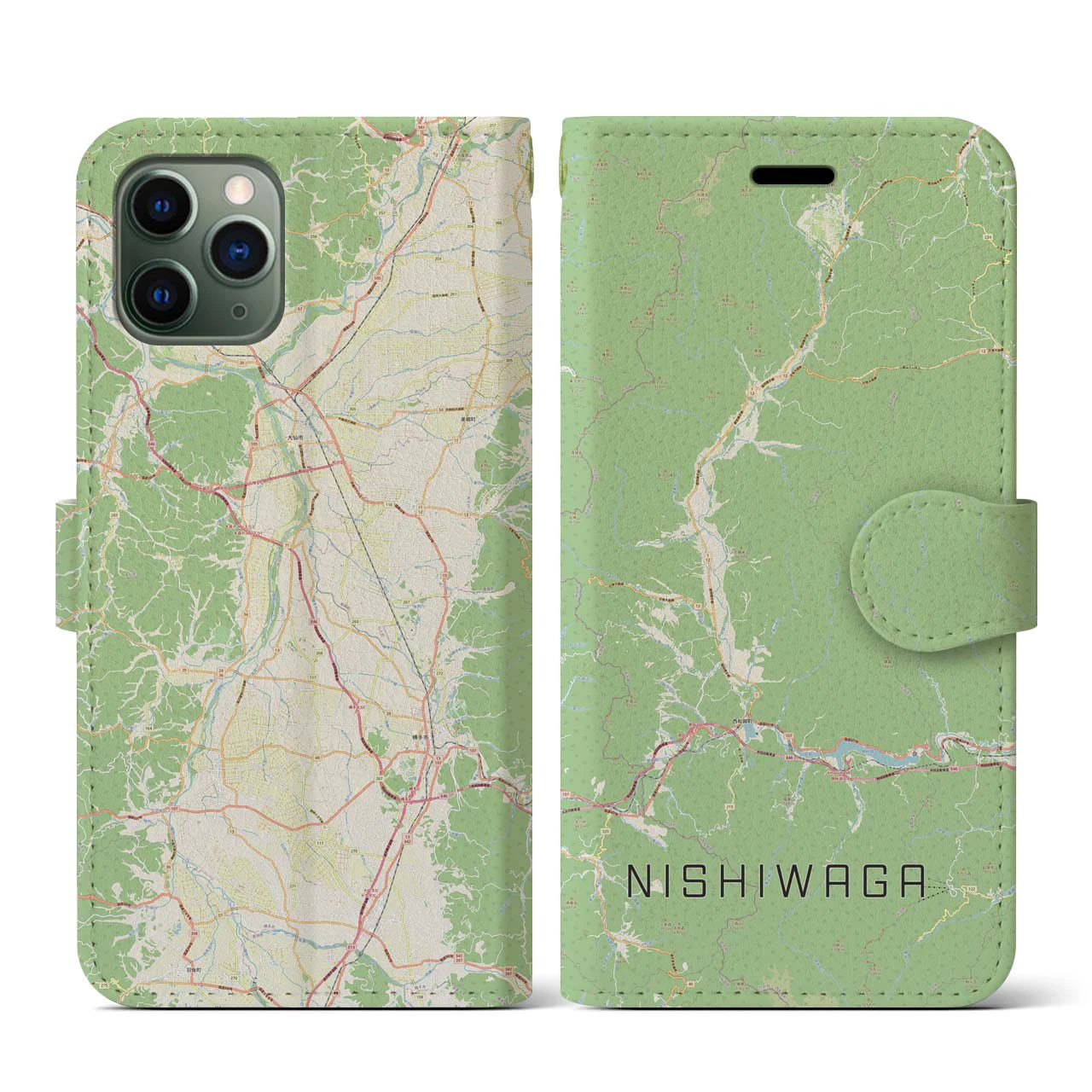【西和賀(岩手県)】地図柄iPhoneケース(手帳タイプ)ナチュラル・iPhone 11 Pro 用