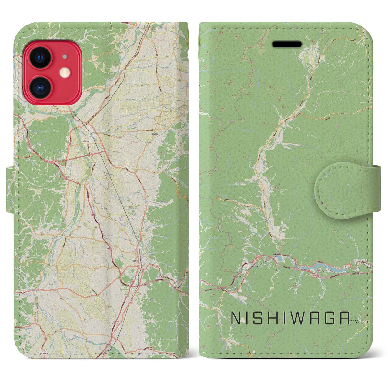【西和賀(岩手県)】地図柄iPhoneケース(手帳タイプ)ナチュラル・iPhone 11 用