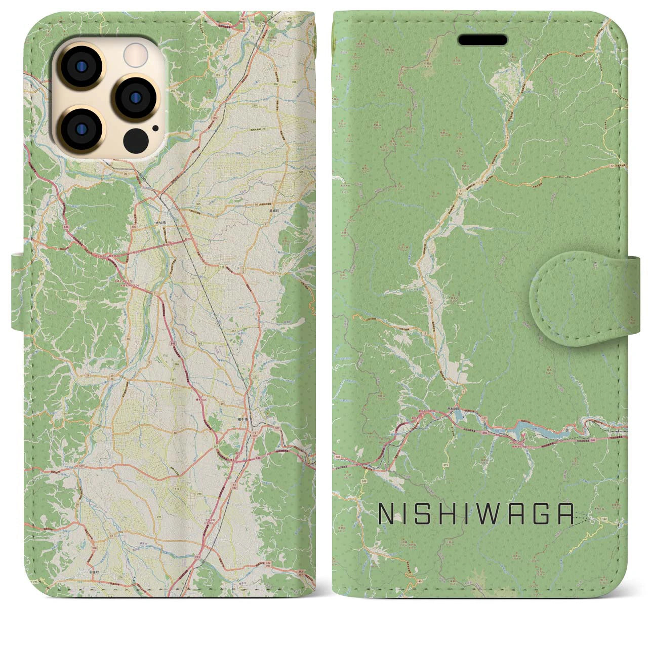 【西和賀(岩手県)】地図柄iPhoneケース(手帳タイプ)ナチュラル・iPhone 12 Pro Max 用
