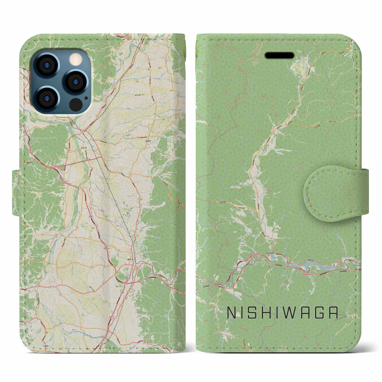 【西和賀(岩手県)】地図柄iPhoneケース(手帳タイプ)ナチュラル・iPhone 12 / 12 Pro 用