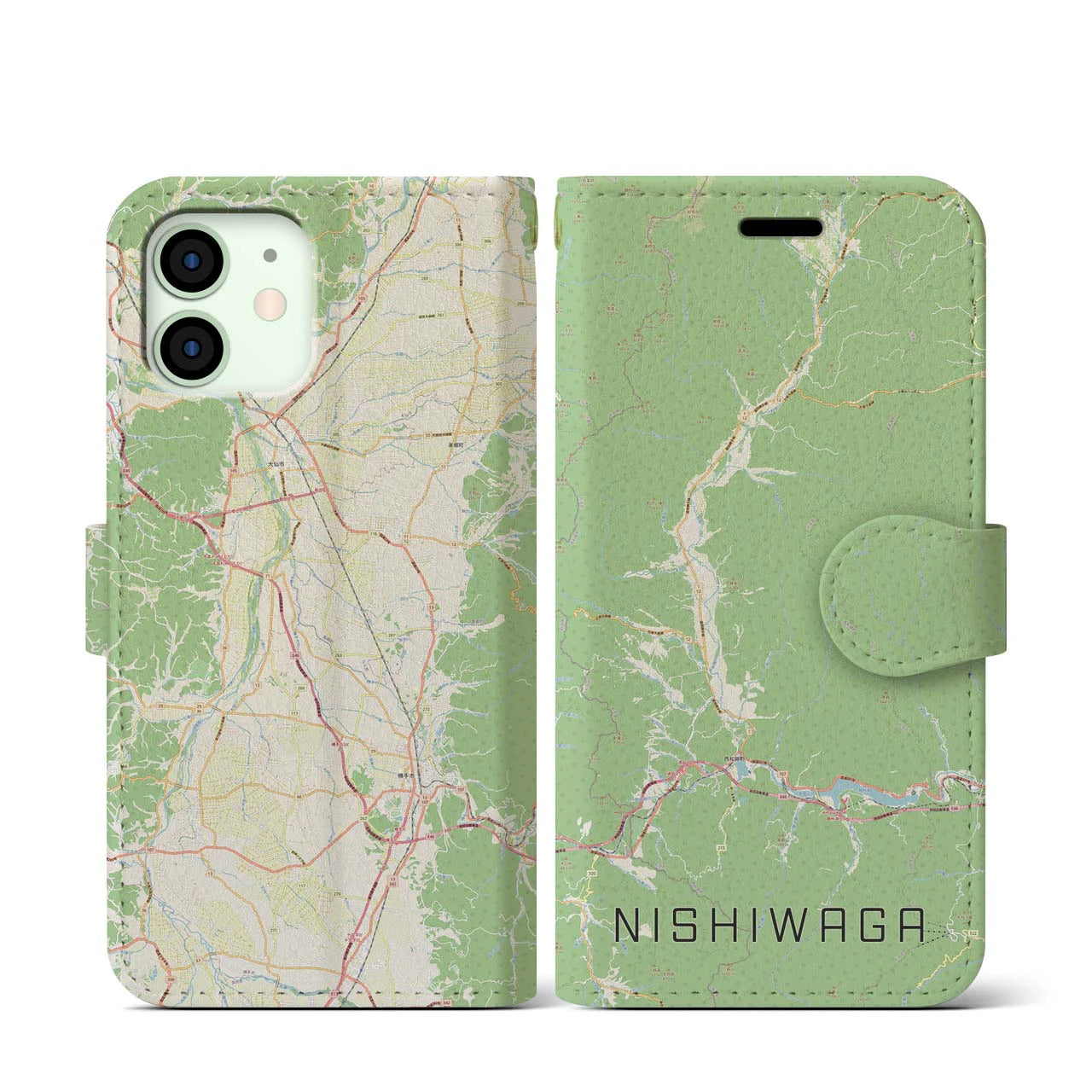 【西和賀(岩手県)】地図柄iPhoneケース(手帳タイプ)ナチュラル・iPhone 12 mini 用