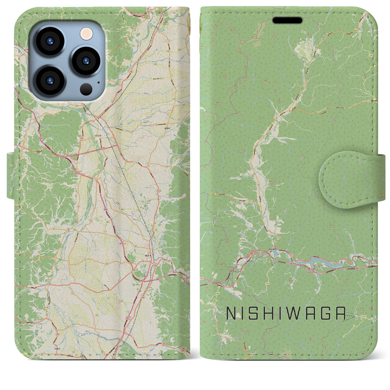 【西和賀(岩手県)】地図柄iPhoneケース(手帳タイプ)ナチュラル・iPhone 13 Pro Max 用