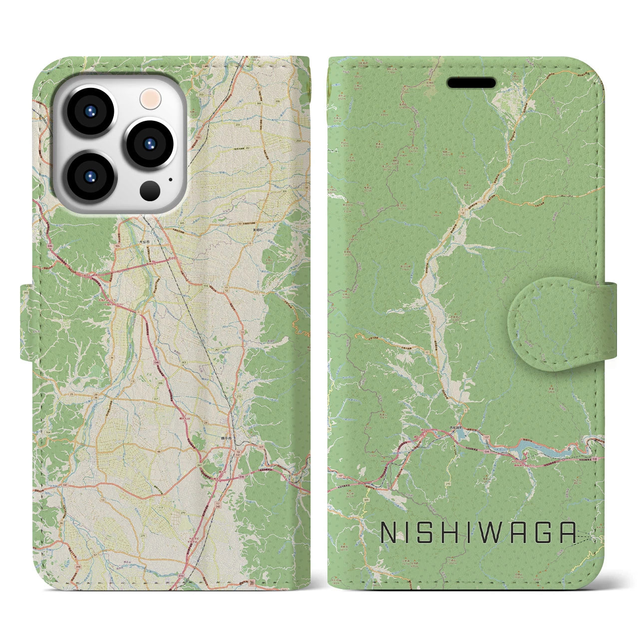 【西和賀(岩手県)】地図柄iPhoneケース(手帳タイプ)ナチュラル・iPhone 13 Pro 用