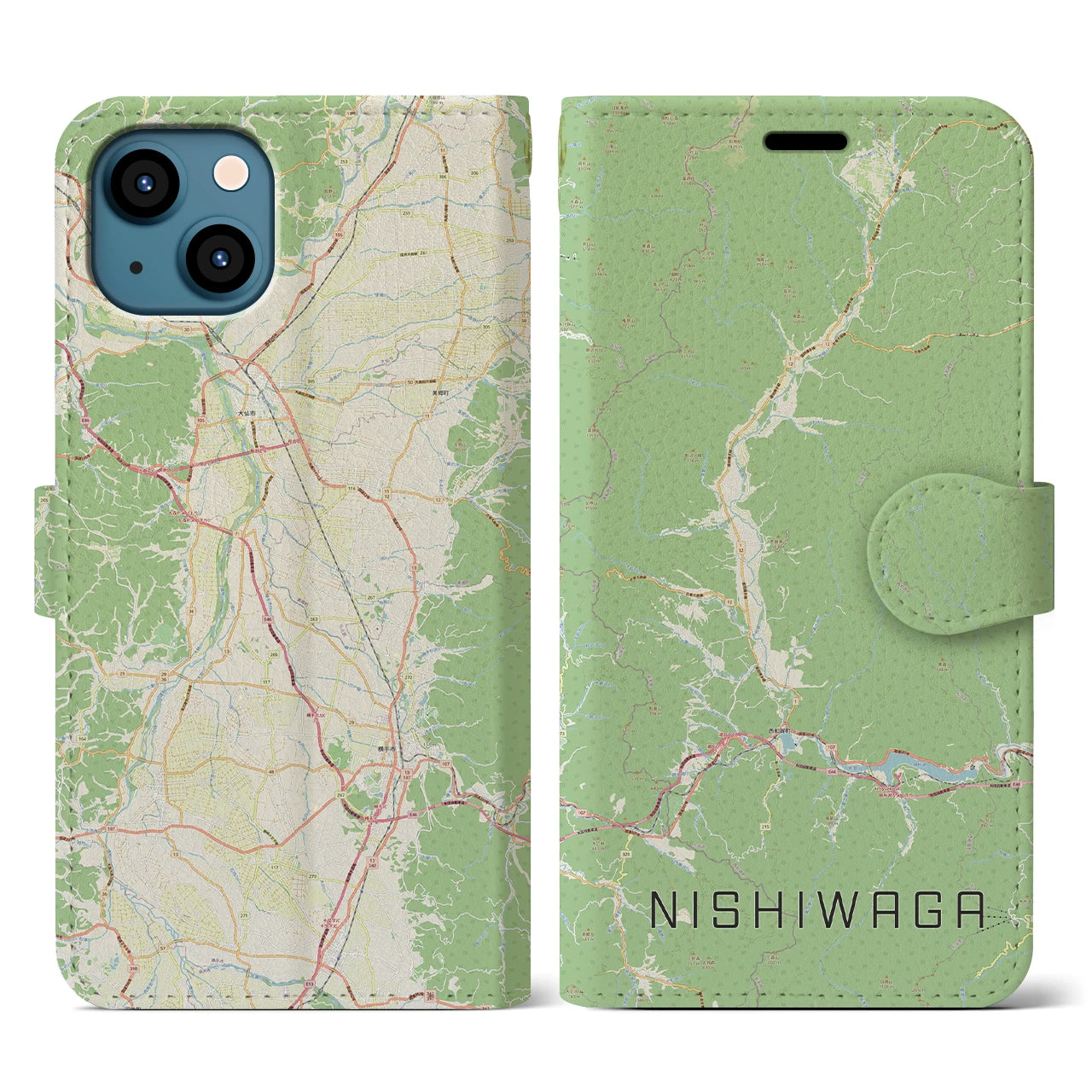 【西和賀(岩手県)】地図柄iPhoneケース(手帳タイプ)ナチュラル・iPhone 13 用