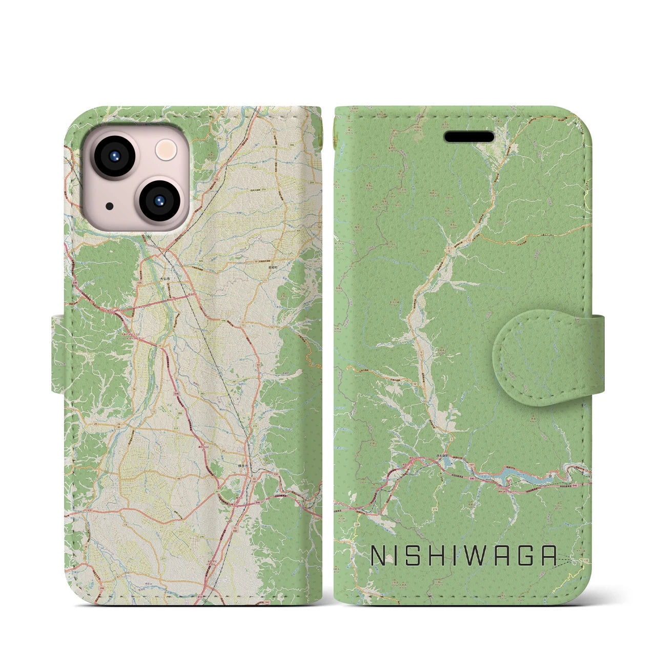 【西和賀(岩手県)】地図柄iPhoneケース(手帳タイプ)ナチュラル・iPhone 13 mini 用
