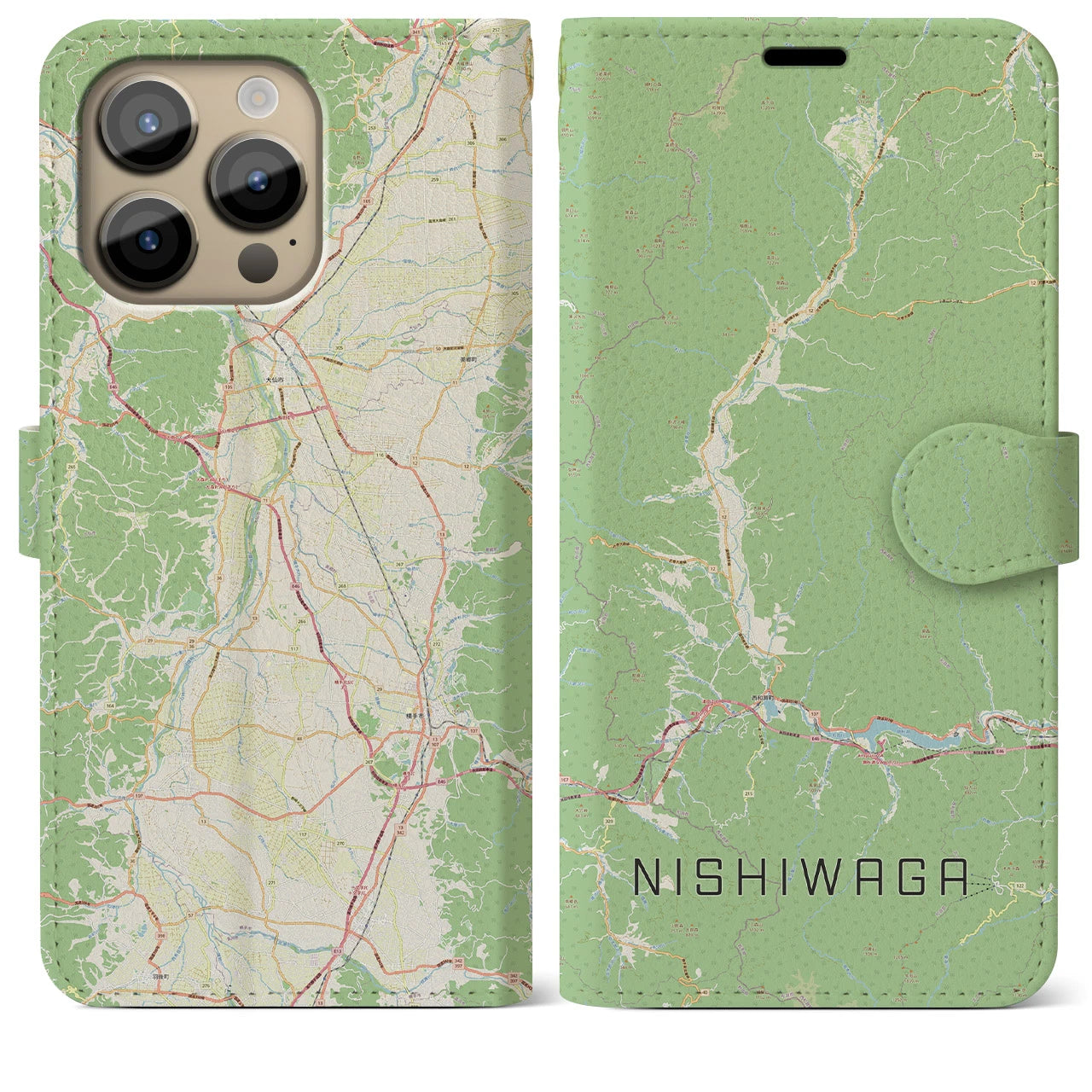 【西和賀(岩手県)】地図柄iPhoneケース(手帳タイプ)ナチュラル・iPhone 14 Pro Max 用