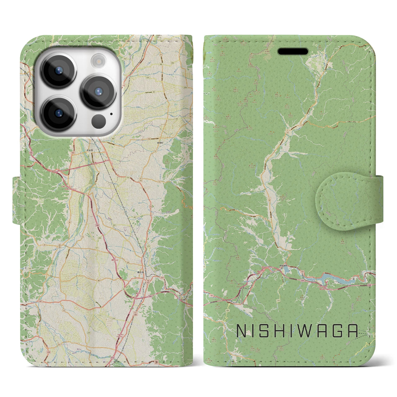 【西和賀(岩手県)】地図柄iPhoneケース(手帳タイプ)ナチュラル・iPhone 14 Pro 用