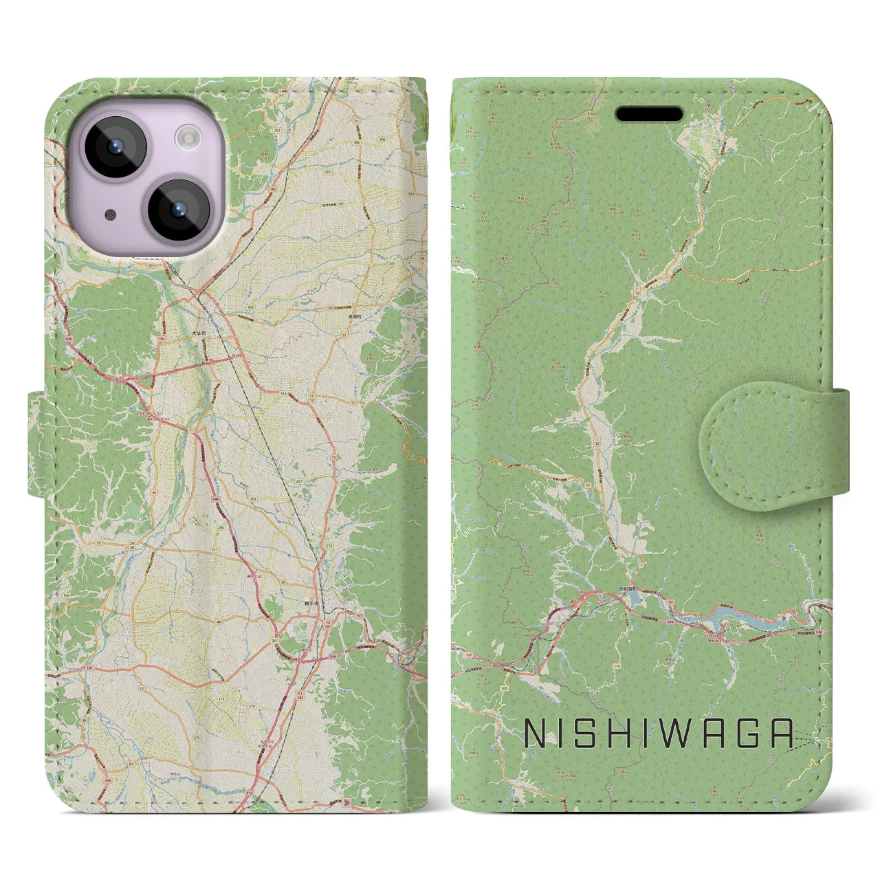 【西和賀(岩手県)】地図柄iPhoneケース(手帳タイプ)ナチュラル・iPhone 14 用