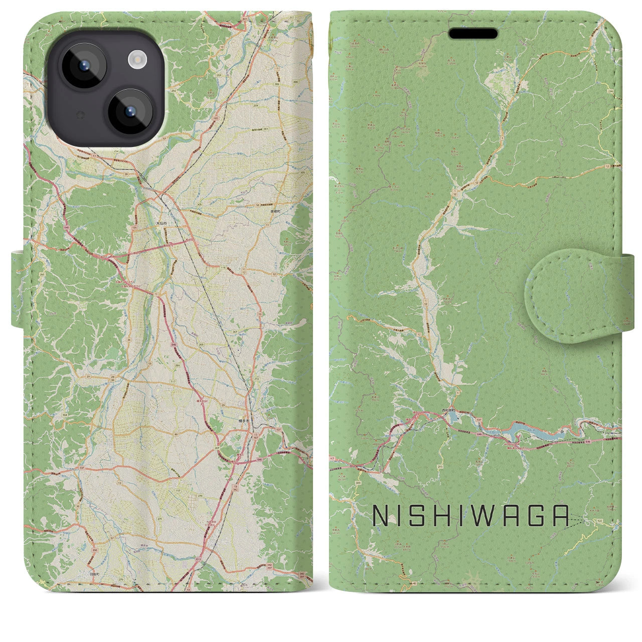 【西和賀(岩手県)】地図柄iPhoneケース(手帳タイプ)ナチュラル・iPhone 14 Plus 用