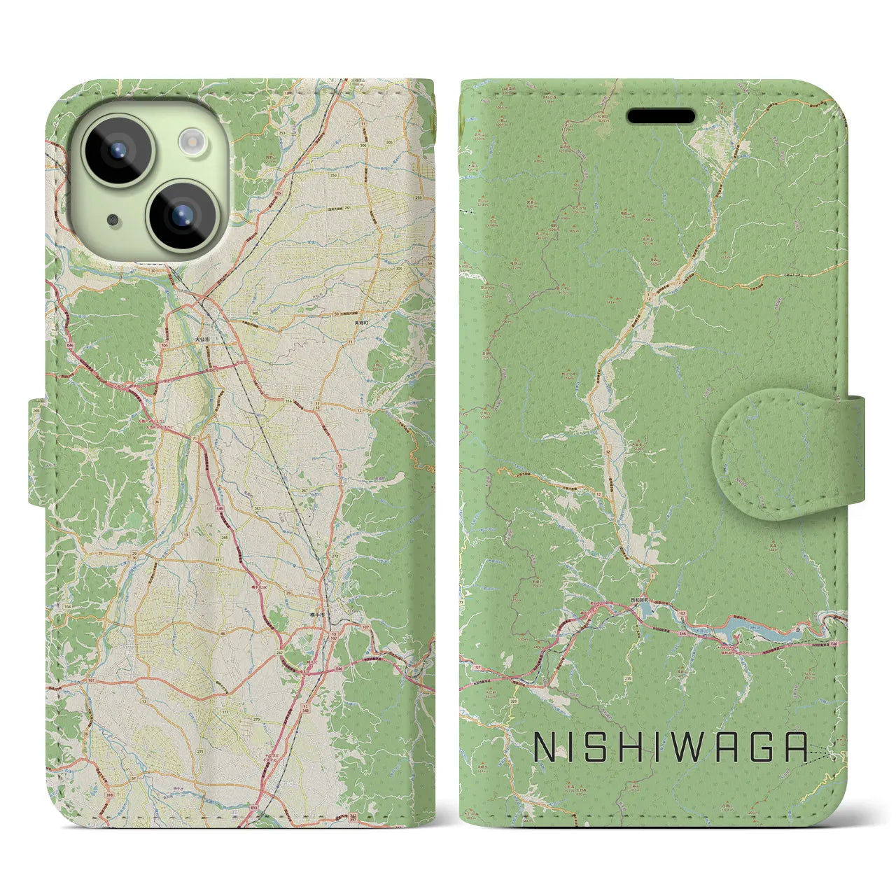 【西和賀(岩手県)】地図柄iPhoneケース(手帳タイプ)ナチュラル・iPhone 15 用