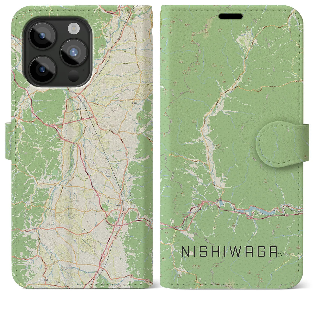 【西和賀(岩手県)】地図柄iPhoneケース(手帳タイプ)ナチュラル・iPhone 15 Pro Max 用