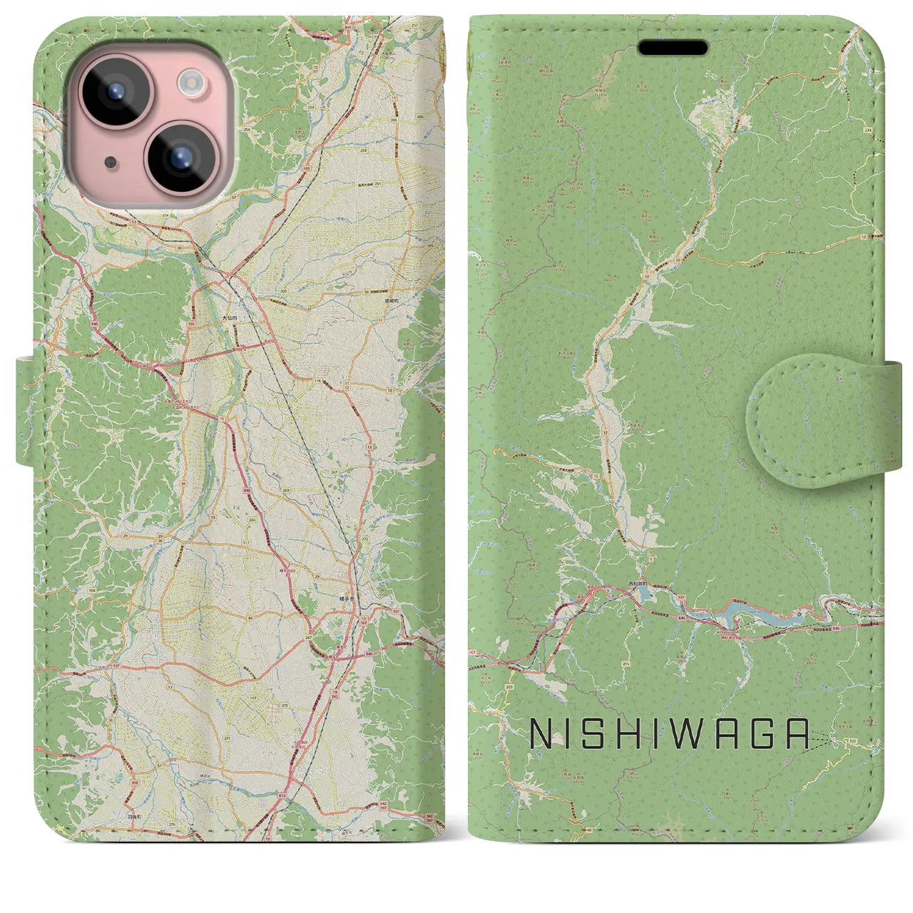 【西和賀(岩手県)】地図柄iPhoneケース(手帳タイプ)ナチュラル・iPhone 15 Plus 用