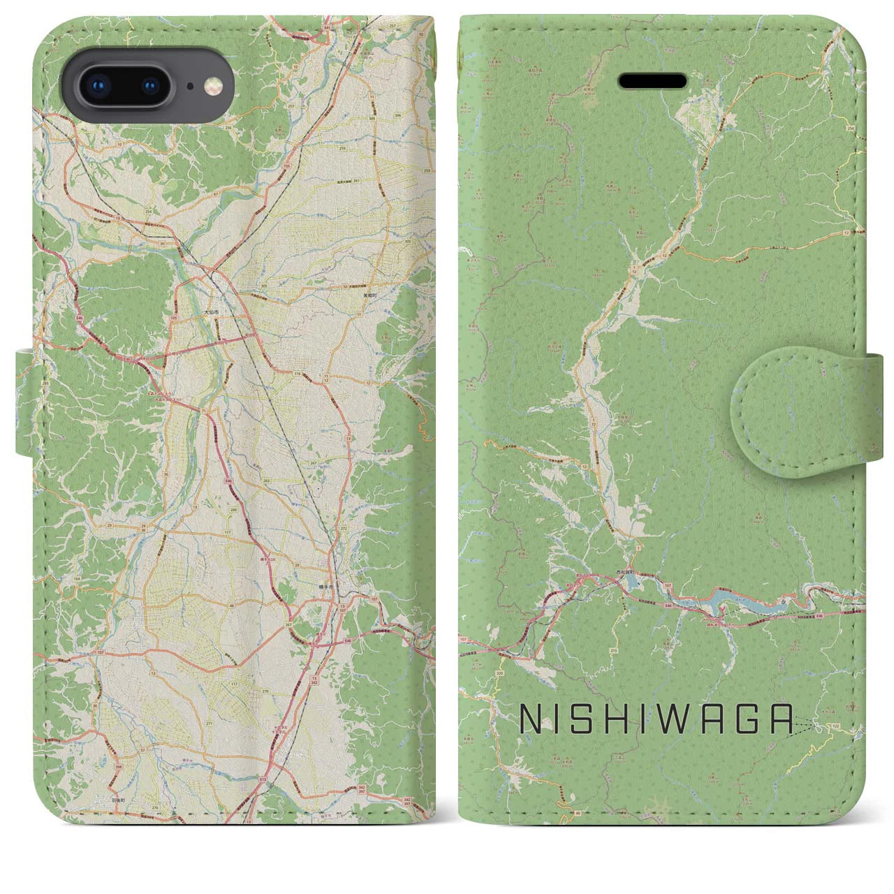 【西和賀(岩手県)】地図柄iPhoneケース(手帳タイプ)ナチュラル・iPhone 8Plus /7Plus / 6sPlus / 6Plus 用