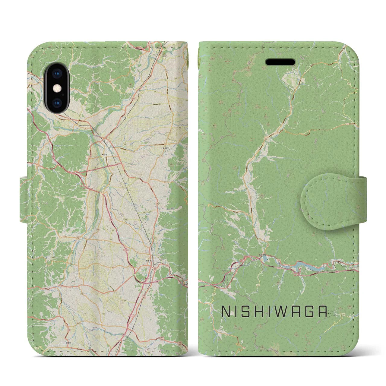 【西和賀(岩手県)】地図柄iPhoneケース(手帳タイプ)ナチュラル・iPhone XS / X 用