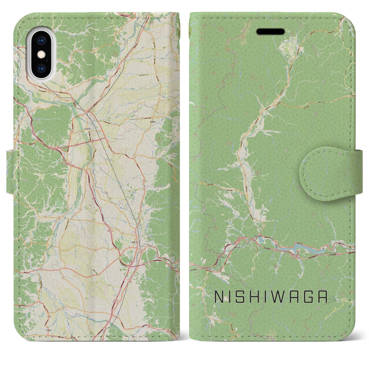 【西和賀(岩手県)】地図柄iPhoneケース(手帳タイプ)ナチュラル・iPhone XS Max 用