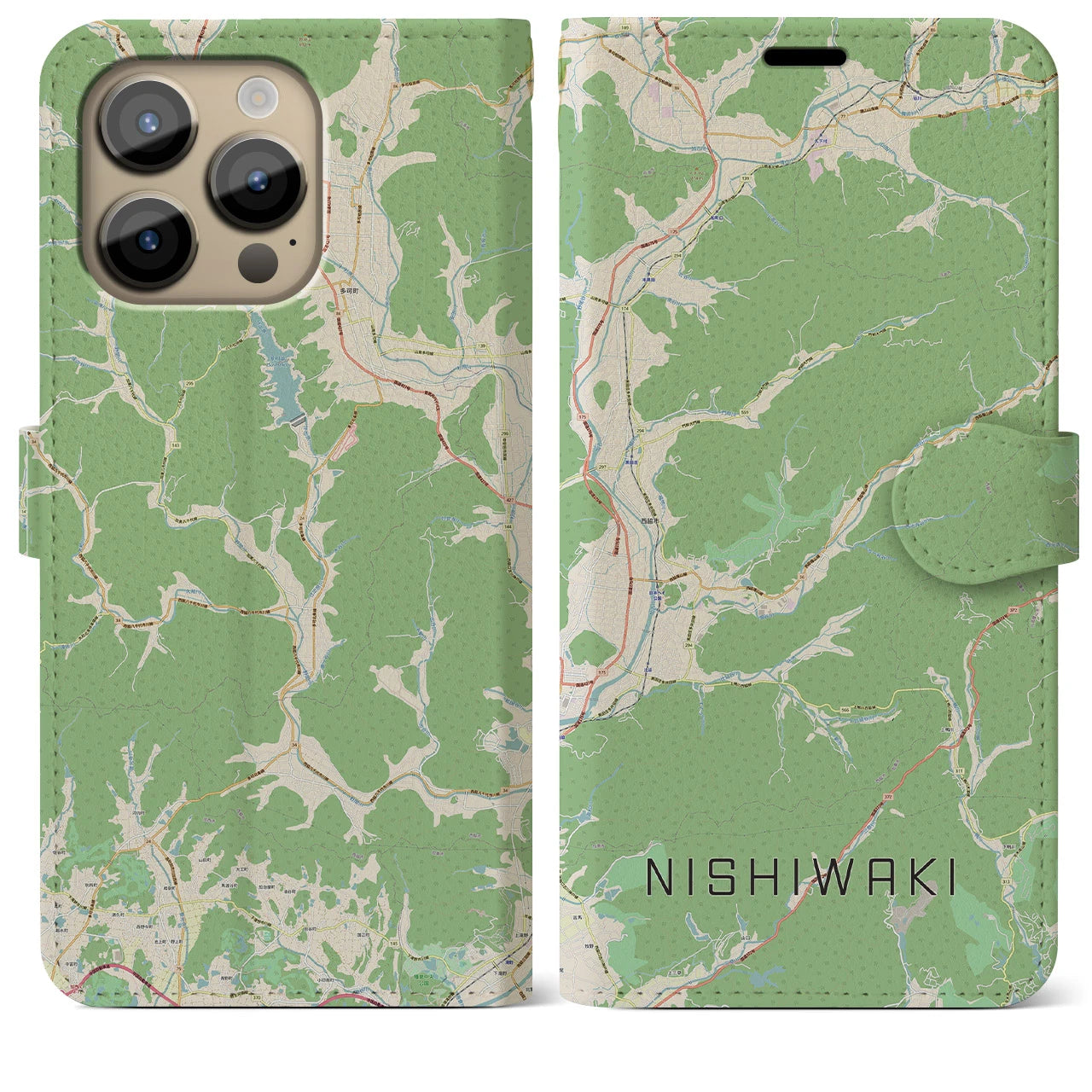 【西脇(兵庫県)】地図柄iPhoneケース(手帳タイプ)ナチュラル・iPhone 14 Pro Max 用