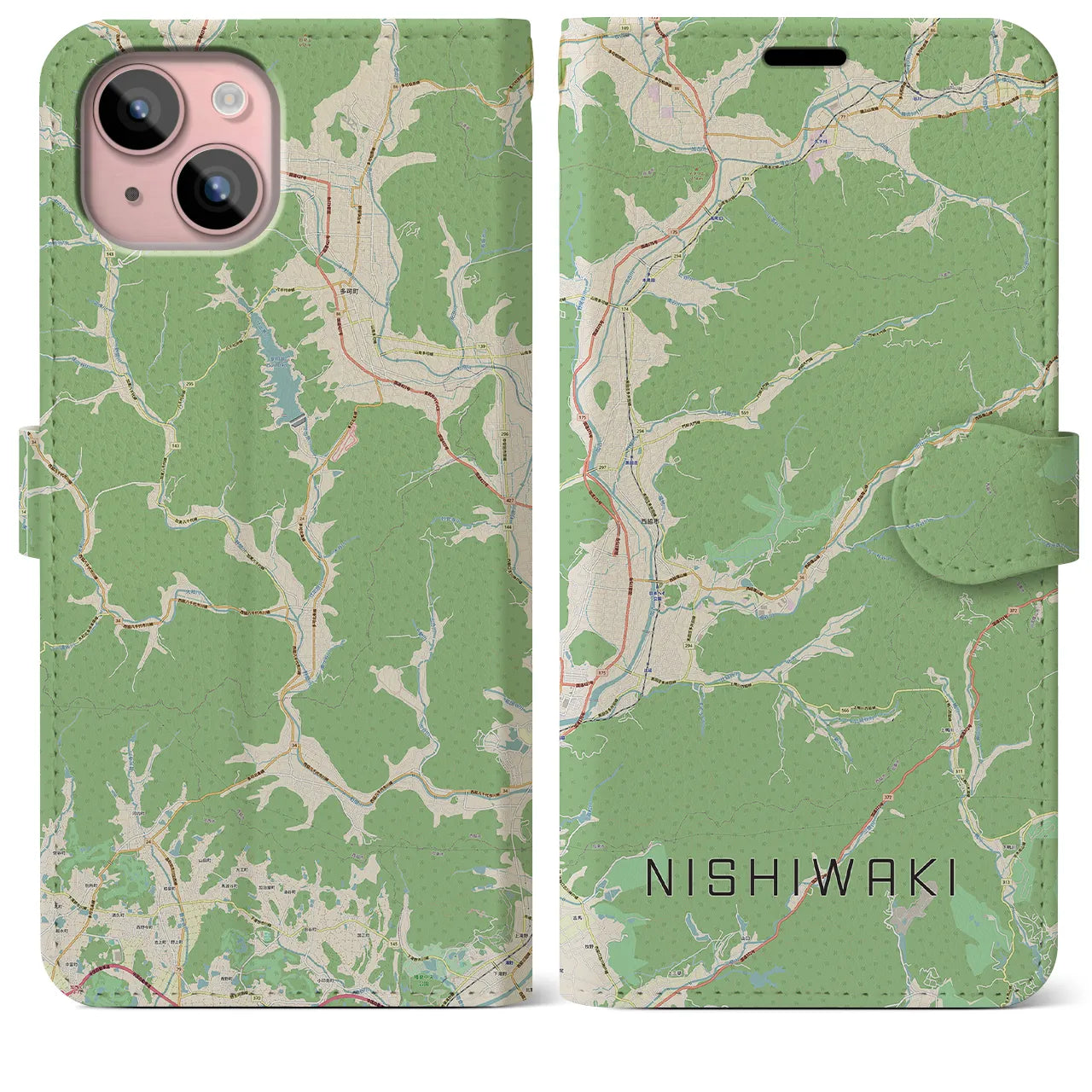 【西脇(兵庫県)】地図柄iPhoneケース(手帳タイプ)ナチュラル・iPhone 15 Plus 用