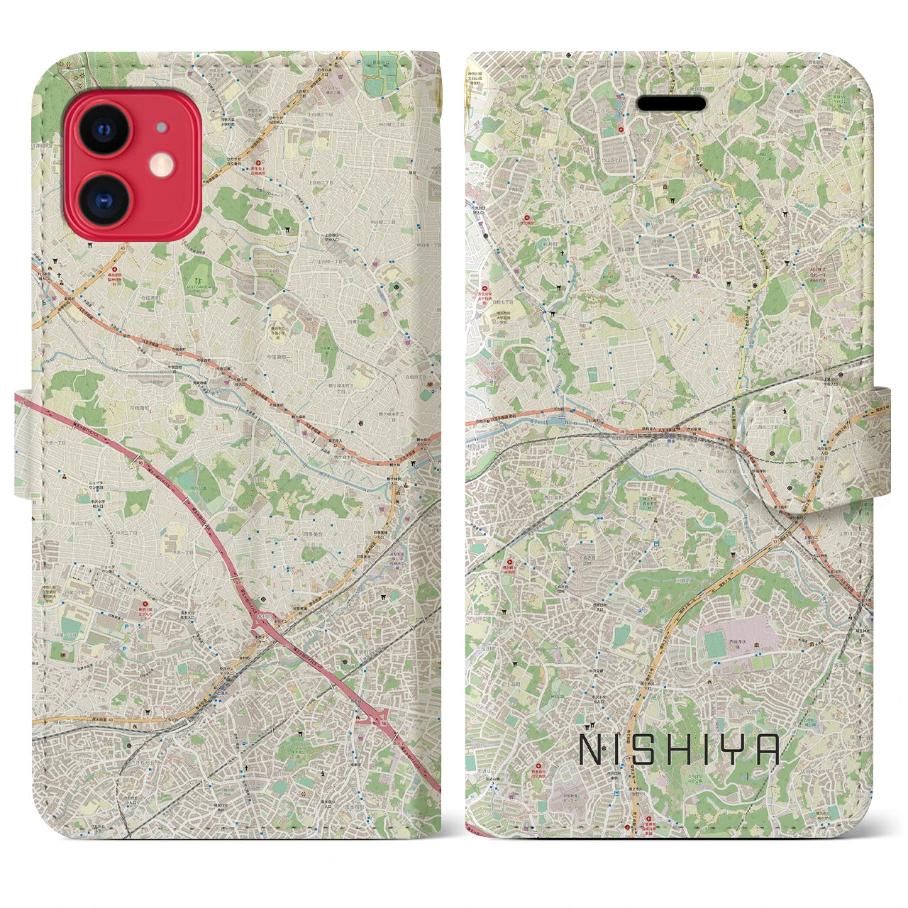 【西谷(神奈川県)】地図柄iPhoneケース(手帳タイプ)ナチュラル・iPhone 11 用