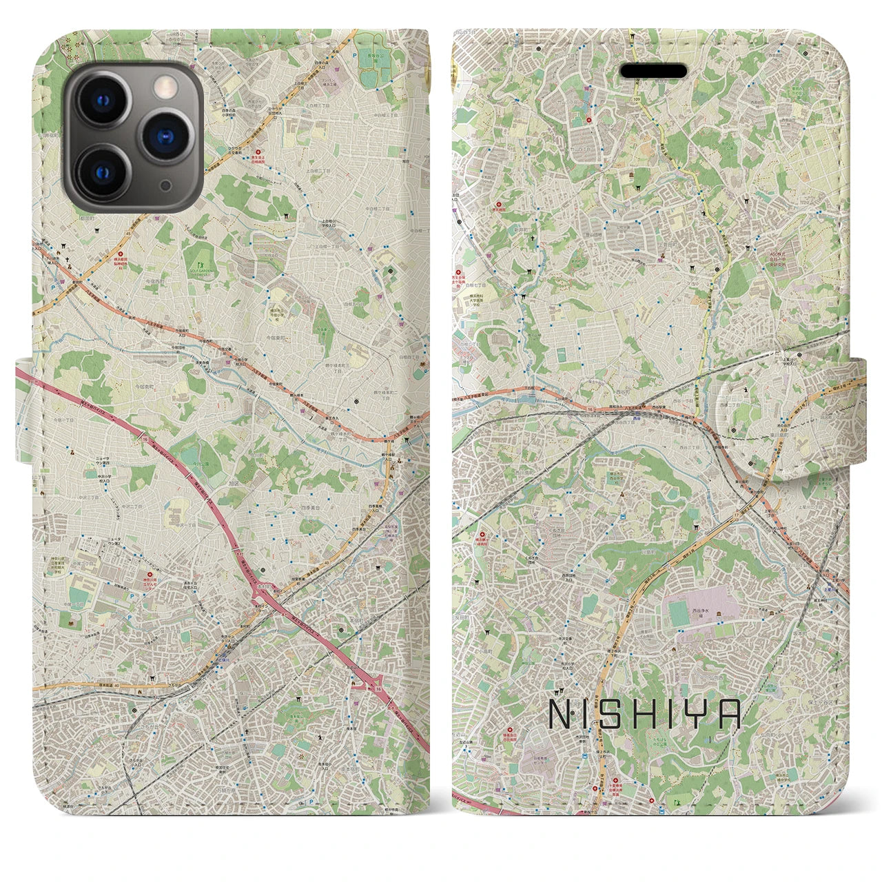 【西谷(神奈川県)】地図柄iPhoneケース(手帳タイプ)ナチュラル・iPhone 11 Pro Max 用