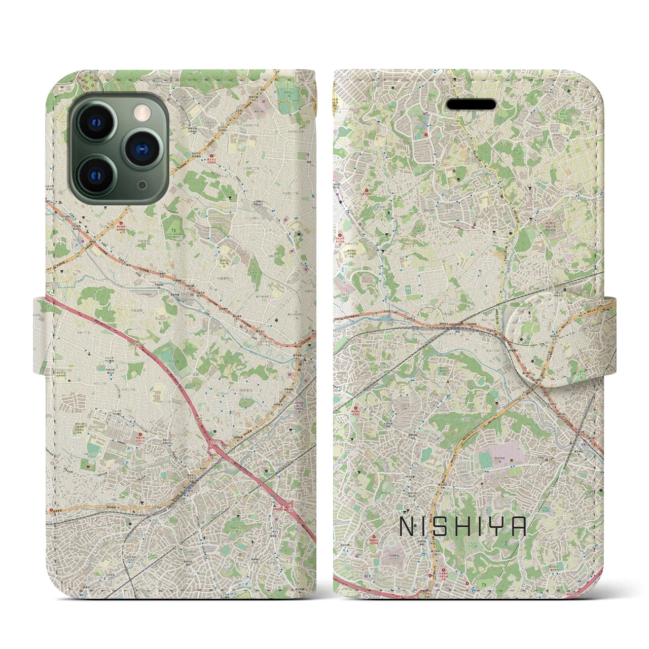 【西谷(神奈川県)】地図柄iPhoneケース(手帳タイプ)ナチュラル・iPhone 11 Pro 用