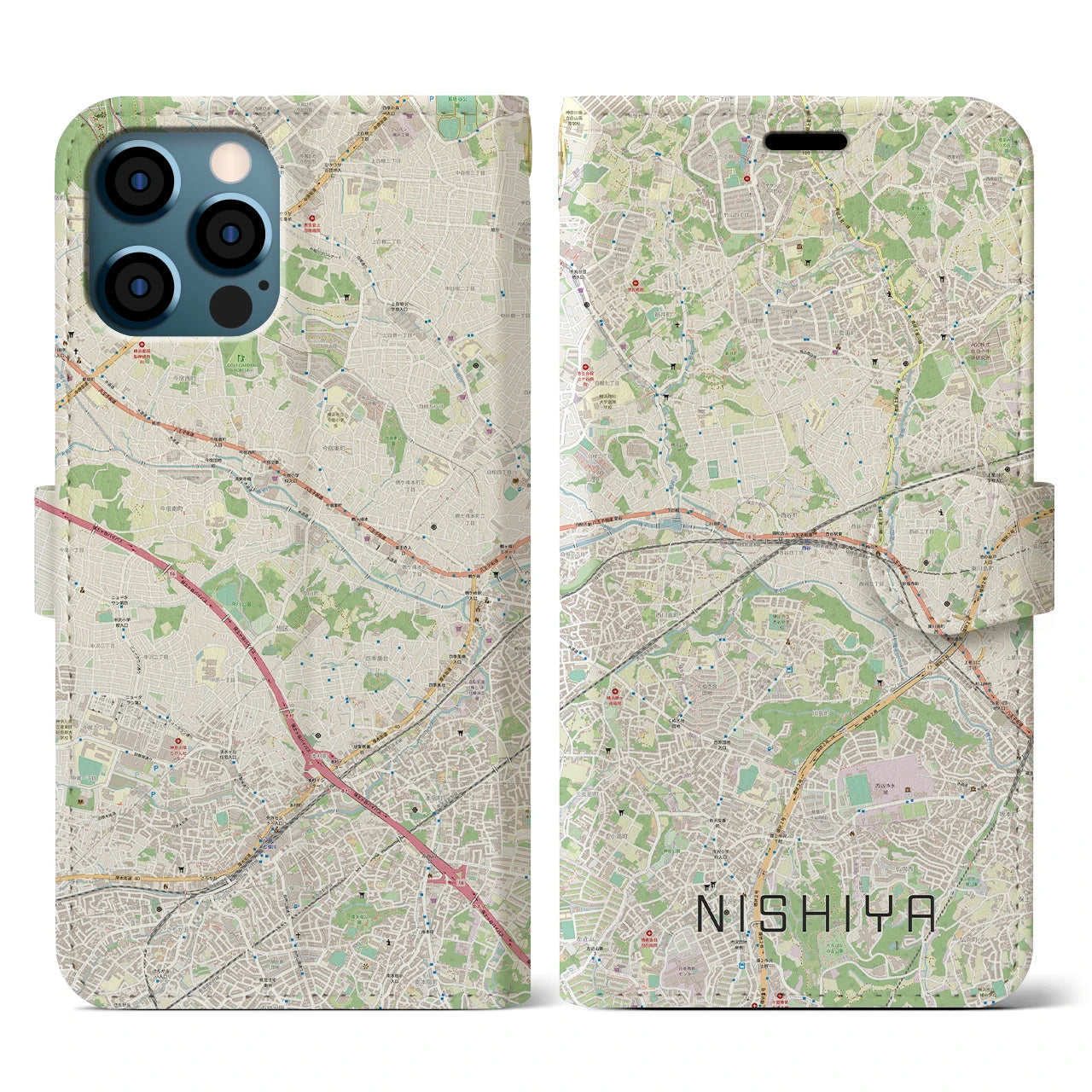 【西谷(神奈川県)】地図柄iPhoneケース(手帳タイプ)ナチュラル・iPhone 12 / 12 Pro 用