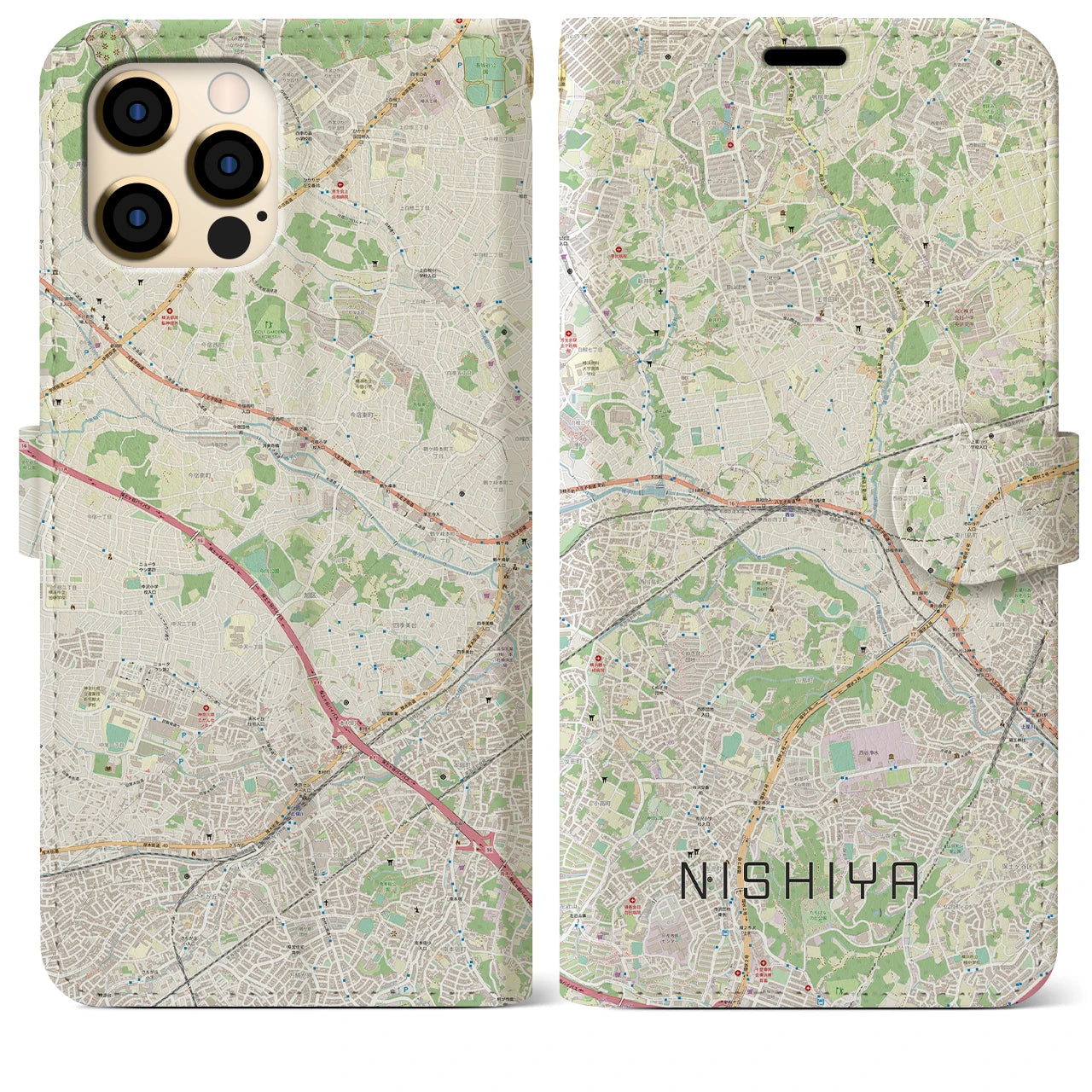 【西谷(神奈川県)】地図柄iPhoneケース(手帳タイプ)ナチュラル・iPhone 12 Pro Max 用