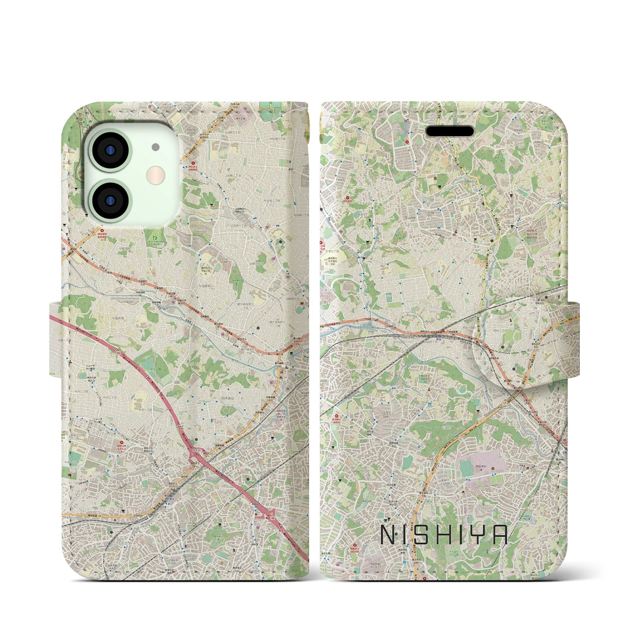 【西谷(神奈川県)】地図柄iPhoneケース(手帳タイプ)ナチュラル・iPhone 12 mini 用