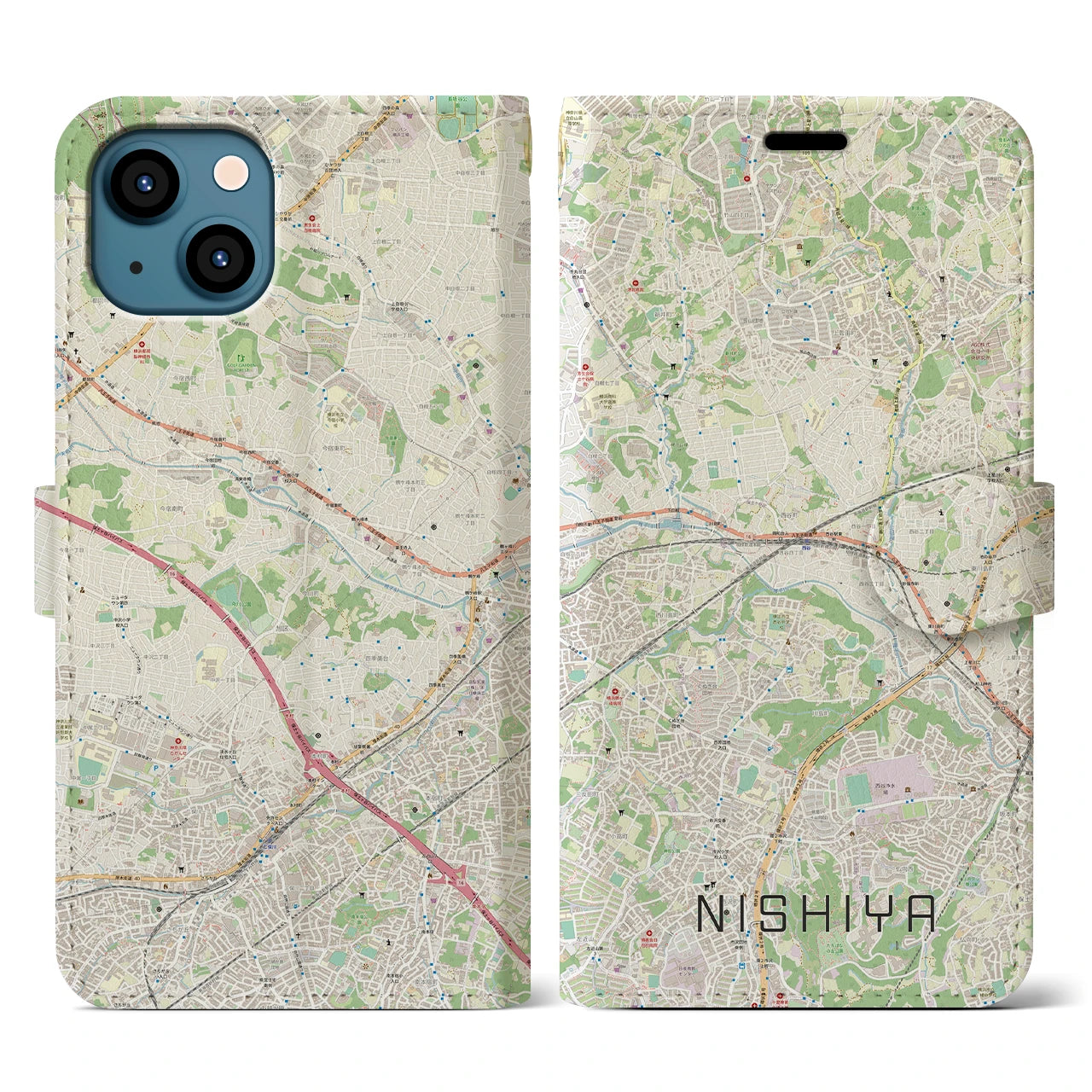 【西谷(神奈川県)】地図柄iPhoneケース(手帳タイプ)ナチュラル・iPhone 13 用
