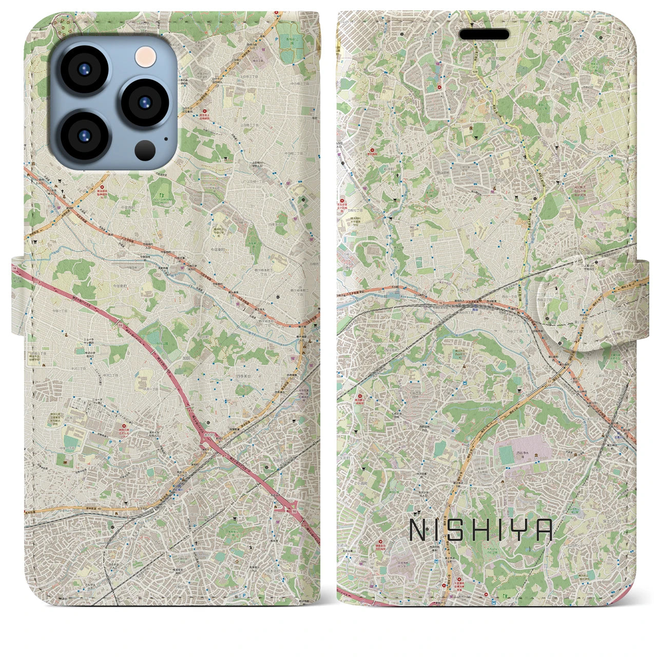 【西谷(神奈川県)】地図柄iPhoneケース(手帳タイプ)ナチュラル・iPhone 13 Pro Max 用