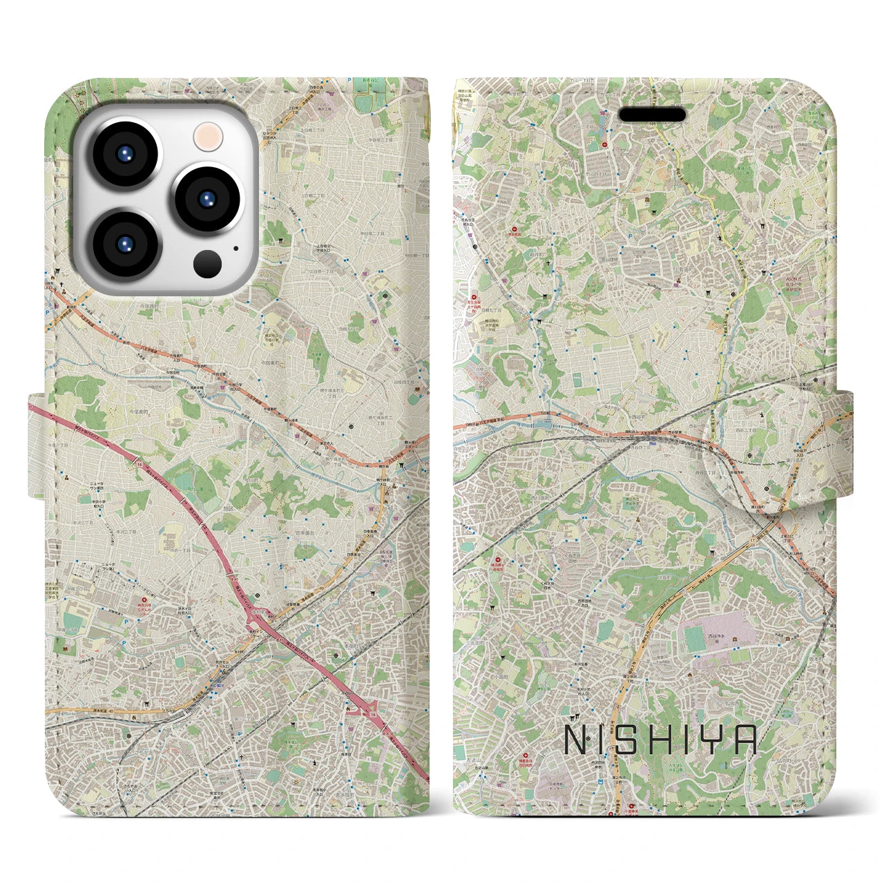 【西谷(神奈川県)】地図柄iPhoneケース(手帳タイプ)ナチュラル・iPhone 13 Pro 用