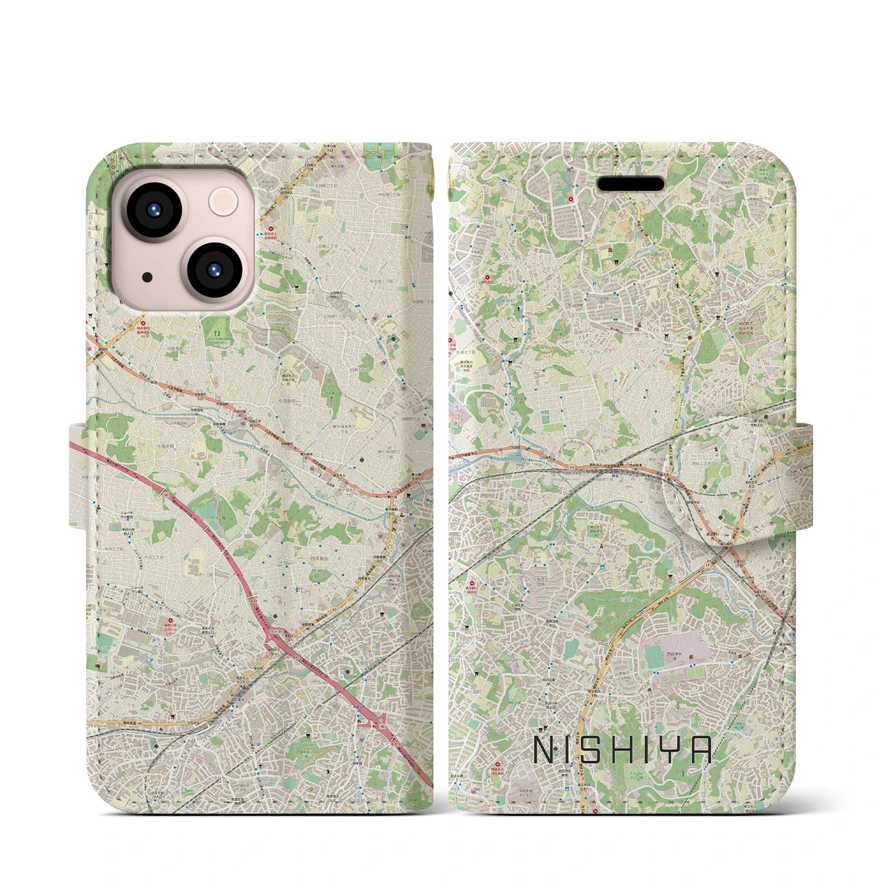 【西谷(神奈川県)】地図柄iPhoneケース(手帳タイプ)ナチュラル・iPhone 13 mini 用