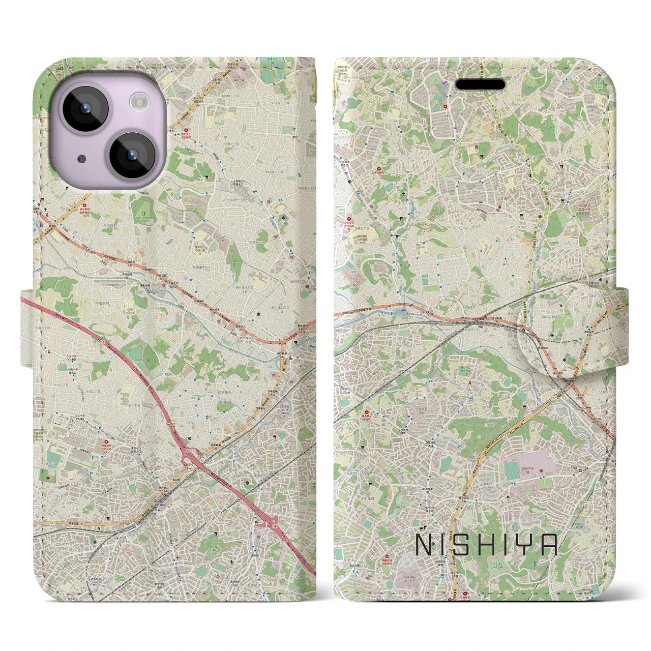 【西谷(神奈川県)】地図柄iPhoneケース(手帳タイプ)ナチュラル・iPhone 14 用