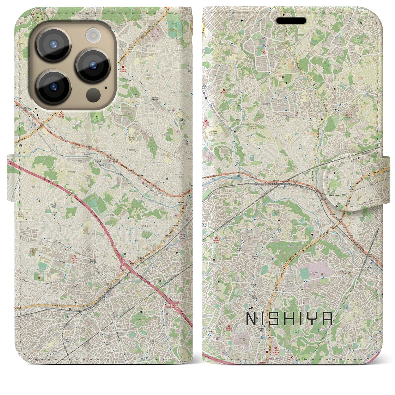 【西谷(神奈川県)】地図柄iPhoneケース(手帳タイプ)ナチュラル・iPhone 14 Pro Max 用