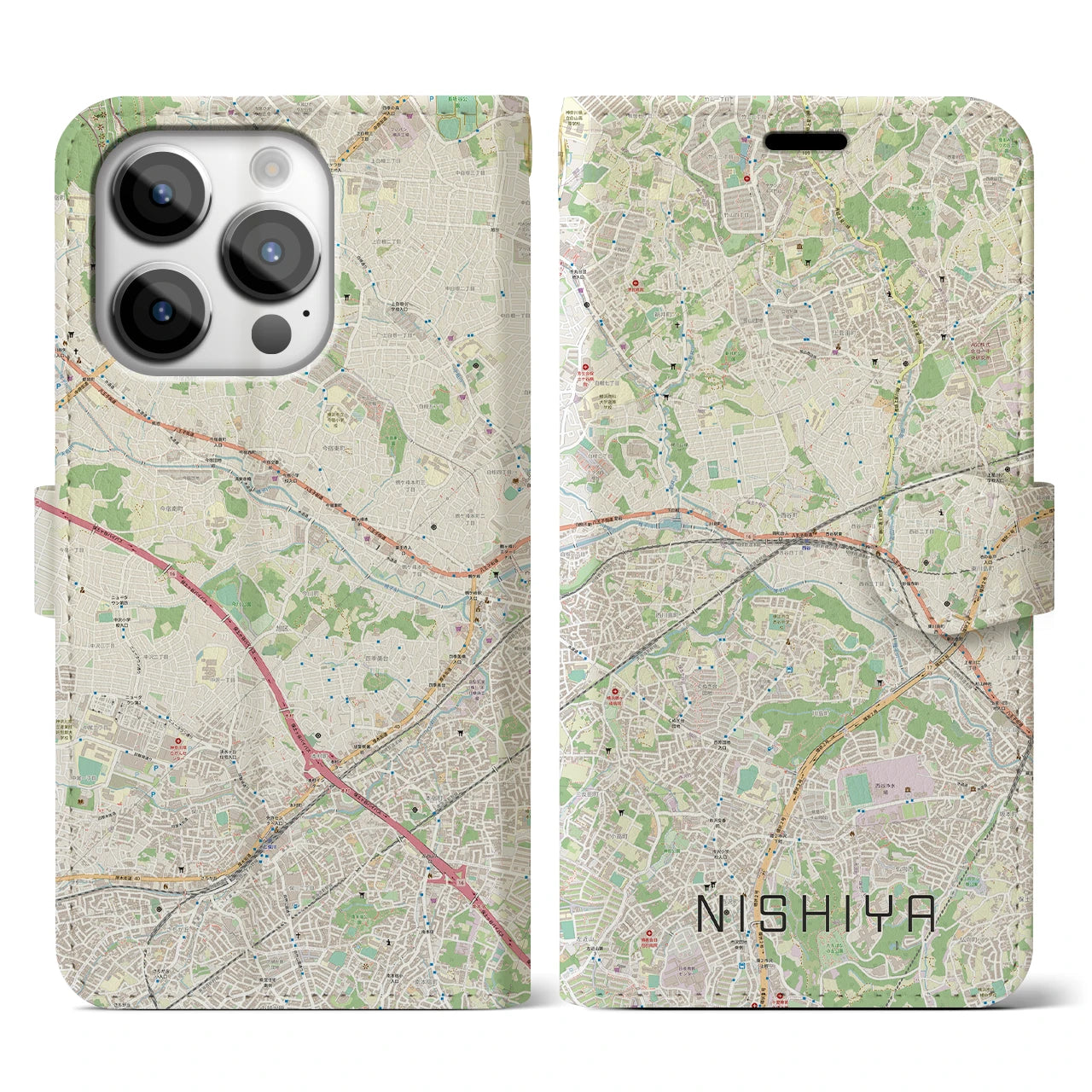 【西谷(神奈川県)】地図柄iPhoneケース(手帳タイプ)ナチュラル・iPhone 14 Pro 用