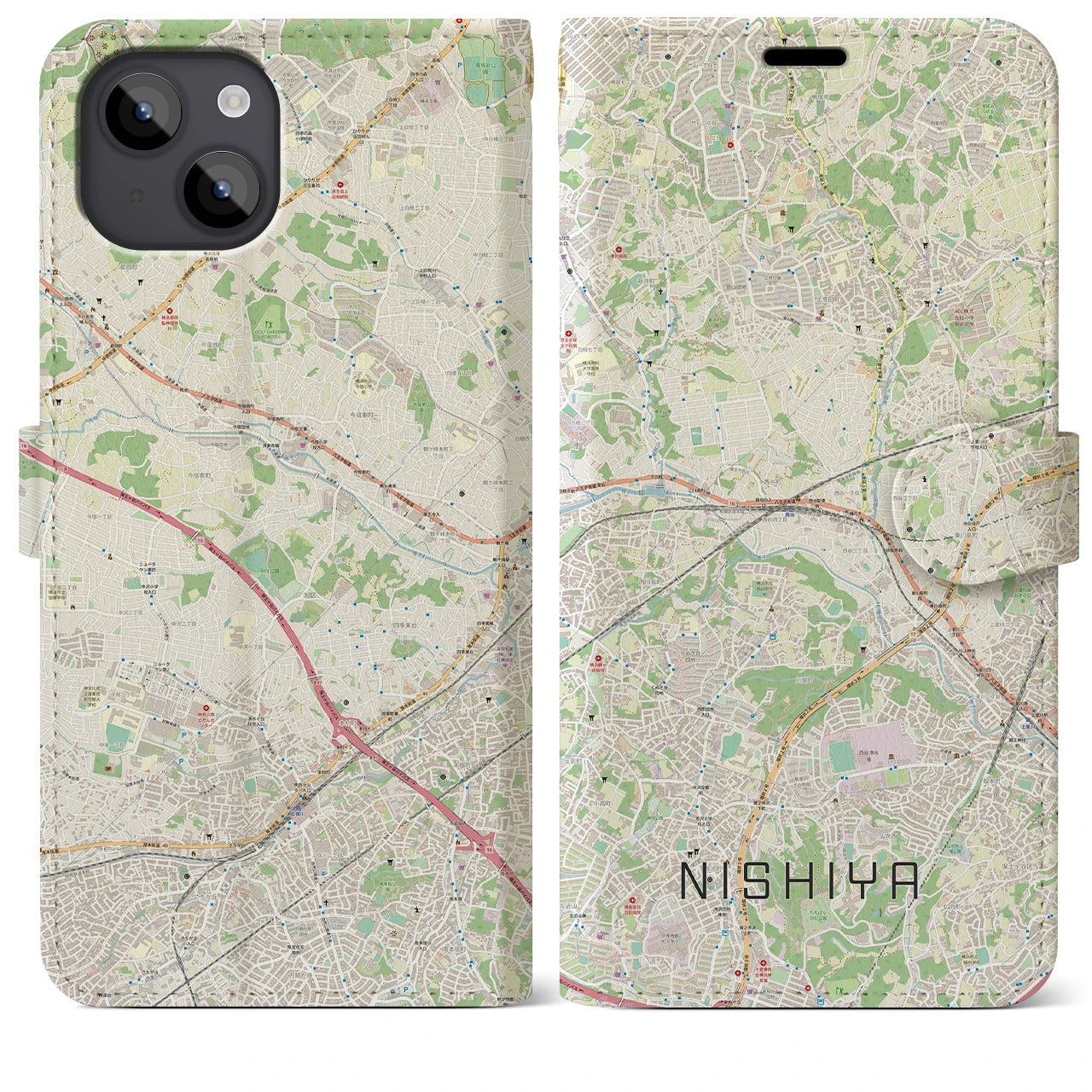 【西谷(神奈川県)】地図柄iPhoneケース(手帳タイプ)ナチュラル・iPhone 14 Plus 用