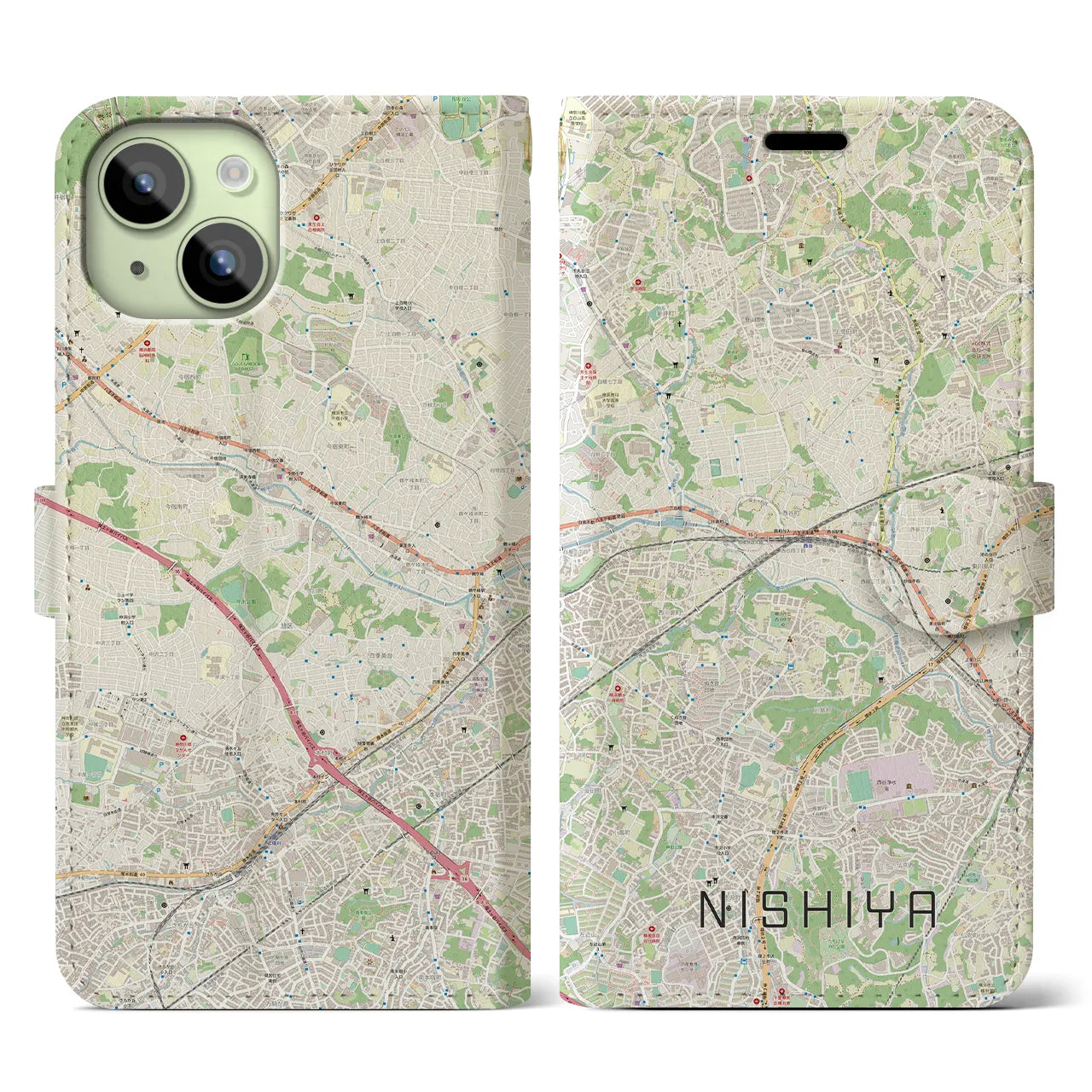 【西谷(神奈川県)】地図柄iPhoneケース(手帳タイプ)ナチュラル・iPhone 15 用