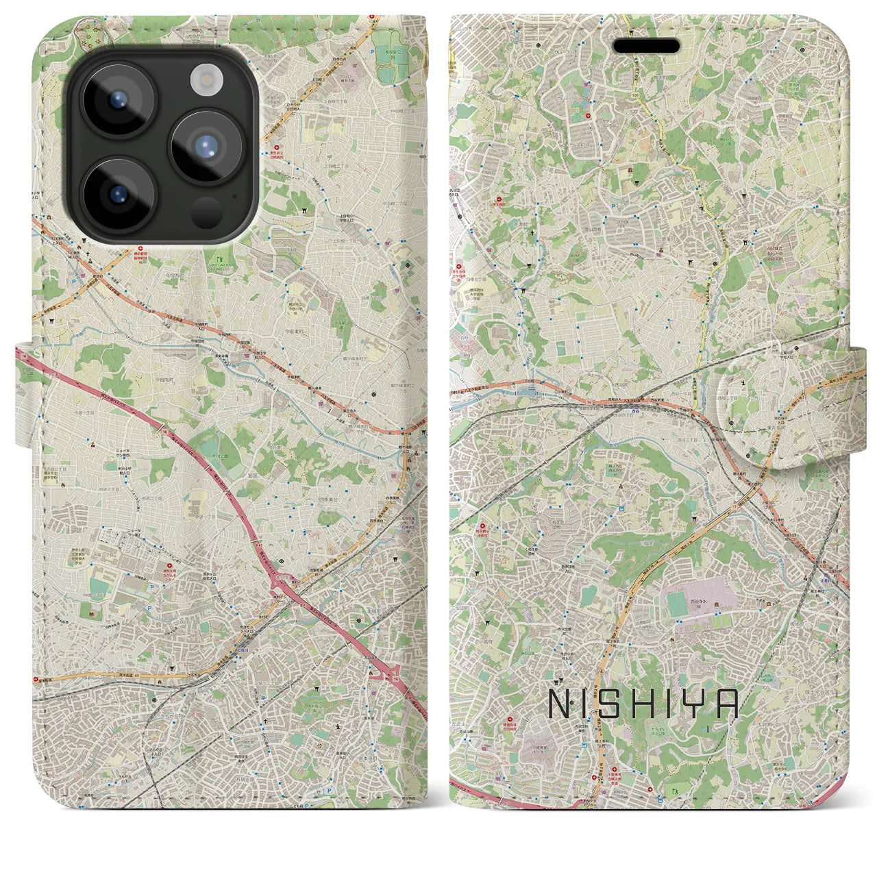 【西谷(神奈川県)】地図柄iPhoneケース(手帳タイプ)ナチュラル・iPhone 15 Pro Max 用