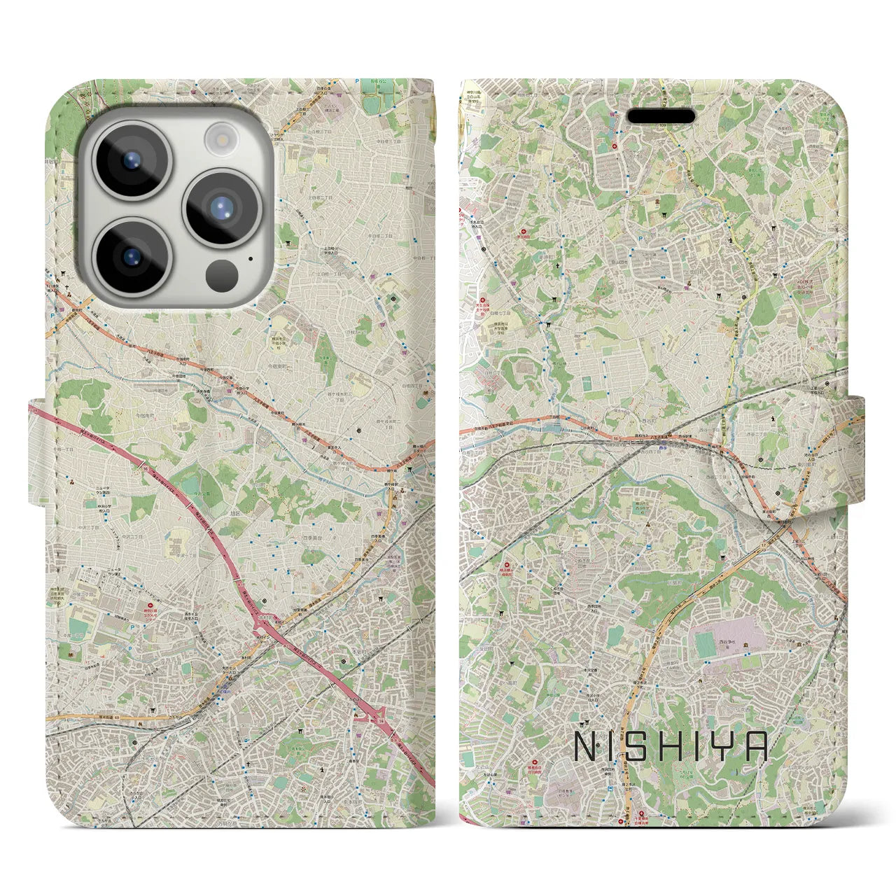 【西谷(神奈川県)】地図柄iPhoneケース(手帳タイプ)ナチュラル・iPhone 15 Pro 用